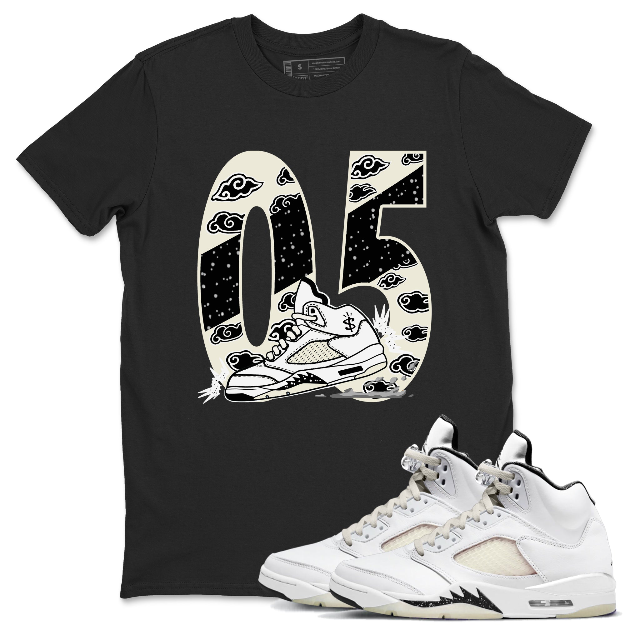 AJ5 Sail shirt to match jordans Aggressive Dribble sneaker tees Air Jordan 5 Sail Drip Gear Zone unisex cotton Black 1 crew neck shirt