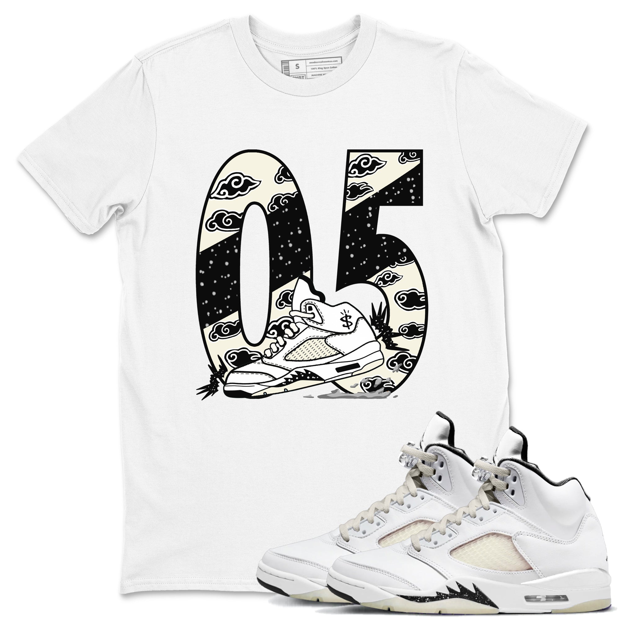 AJ5 Sail shirt to match jordans Aggressive Dribble sneaker tees Air Jordan 5 Sail Drip Gear Zone unisex cotton White 1 crew neck shirt