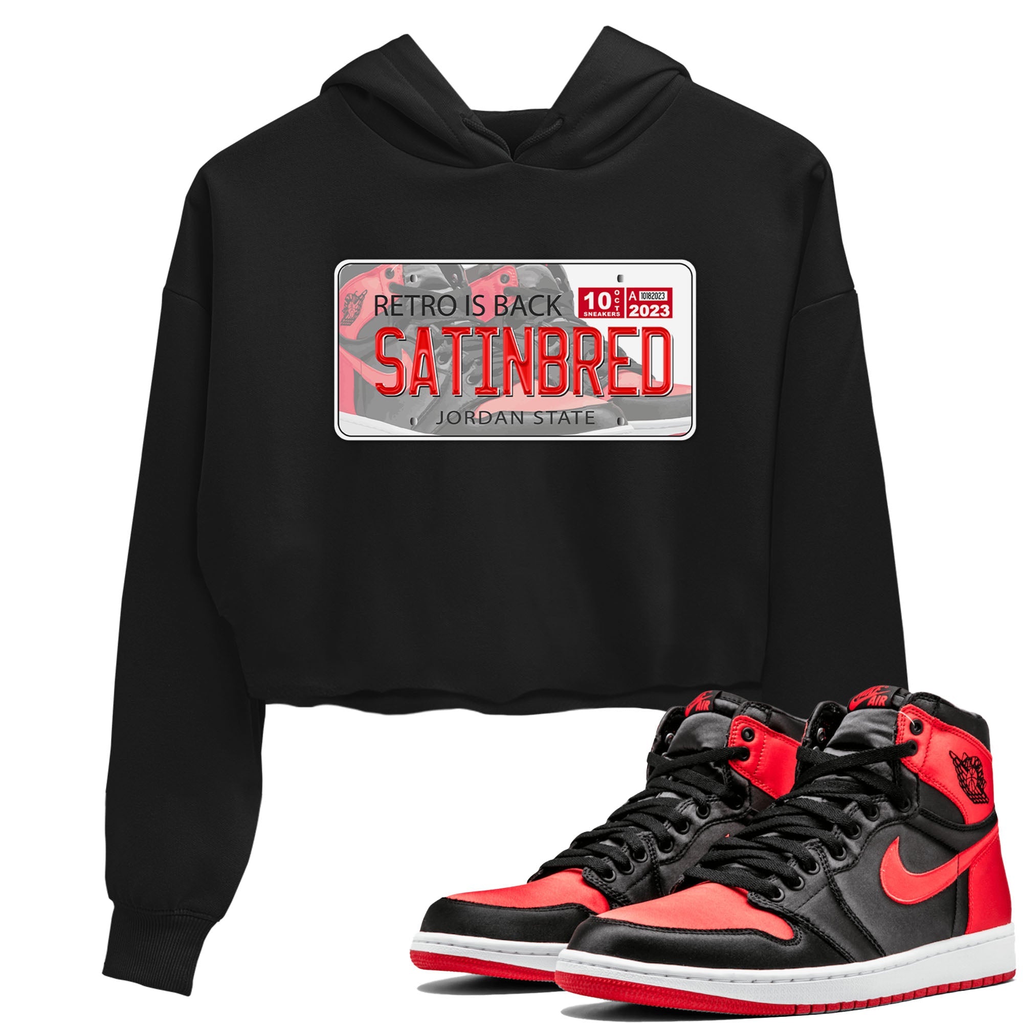 Air Jordan 1 Satin Bred shirt to match jordans Jordan Plate sneaker tees AJ1 Retro Satin Bred Drip Gear Zone Sneaker Matching Clothing Brand Black 1 Crop T-Shirt
