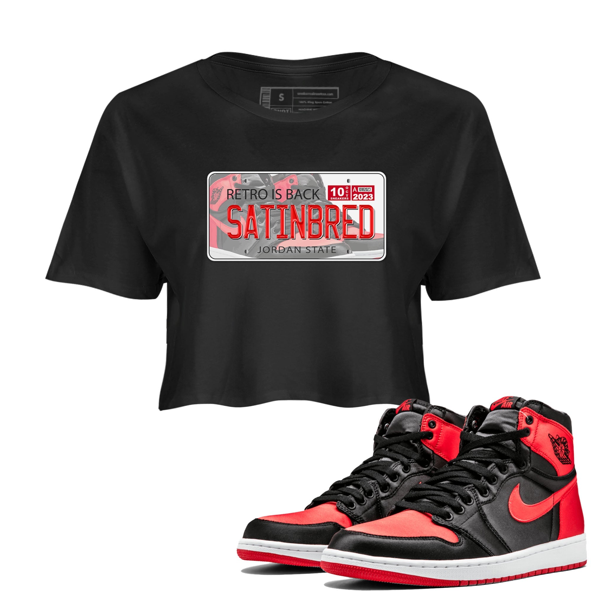 Air Jordan 1 Satin Bred shirt to match jordans Jordan Plate sneaker tees AJ1 Retro Satin Bred Drip Gear Zone Sneaker Matching Clothing Brand Black 1 Crop T-Shirt