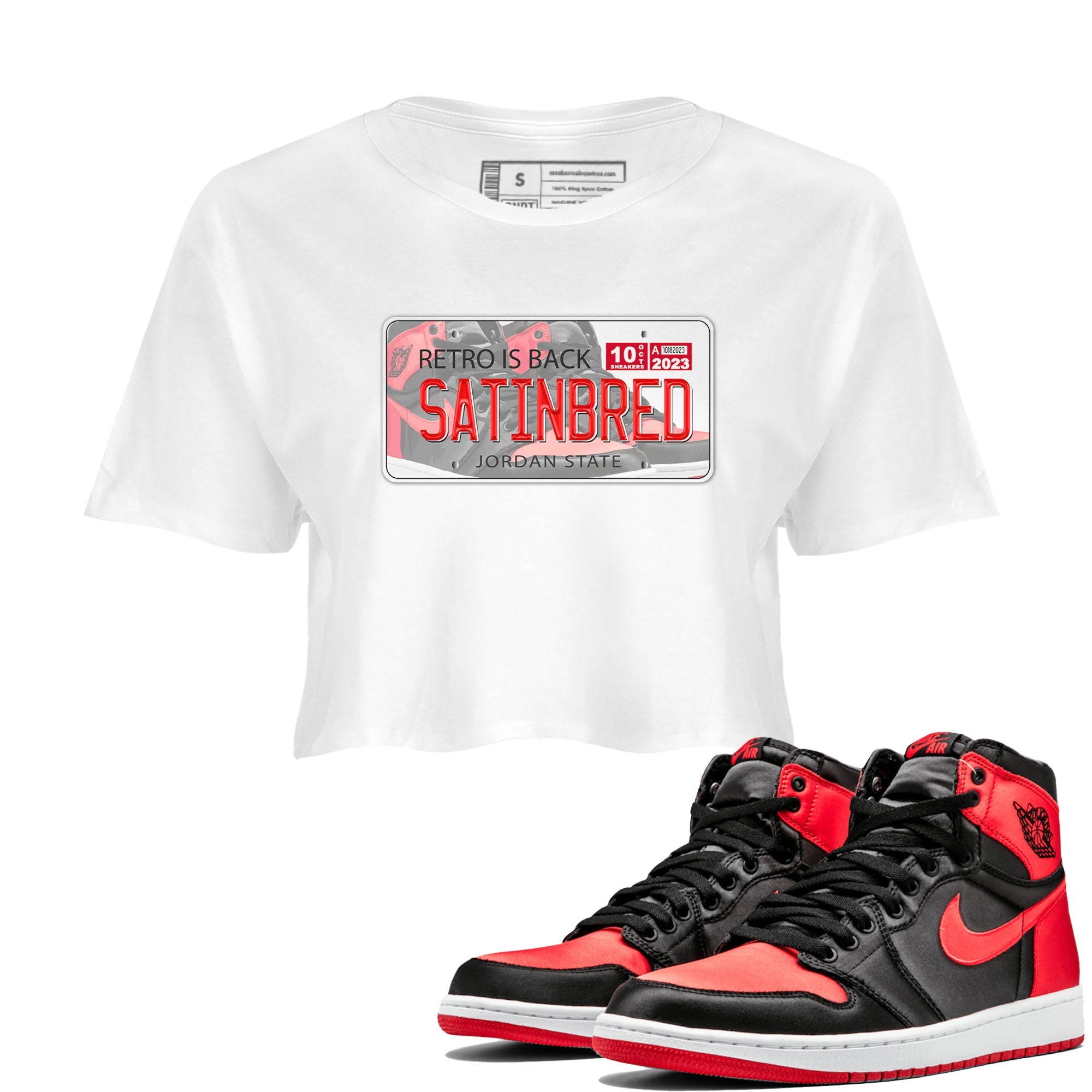 Air Jordan 1 Satin Bred shirt to match jordans Jordan Plate sneaker tees AJ1 Retro Satin Bred Drip Gear Zone Sneaker Matching Clothing Brand White 1 Crop T-Shirt