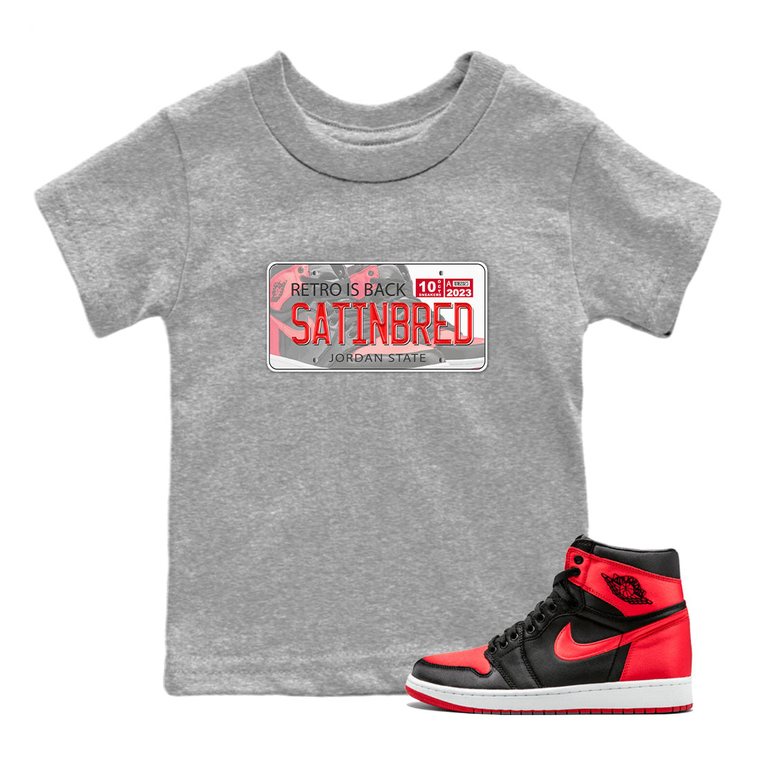 Air Jordan 1 Satin Bred shirt to match jordans Jordan Plate sneaker tees AJ1 Retro Satin Bred Drip Gear Zone Sneaker Matching Clothing Brand Baby Toddler Heather Grey 1 T-Shirt