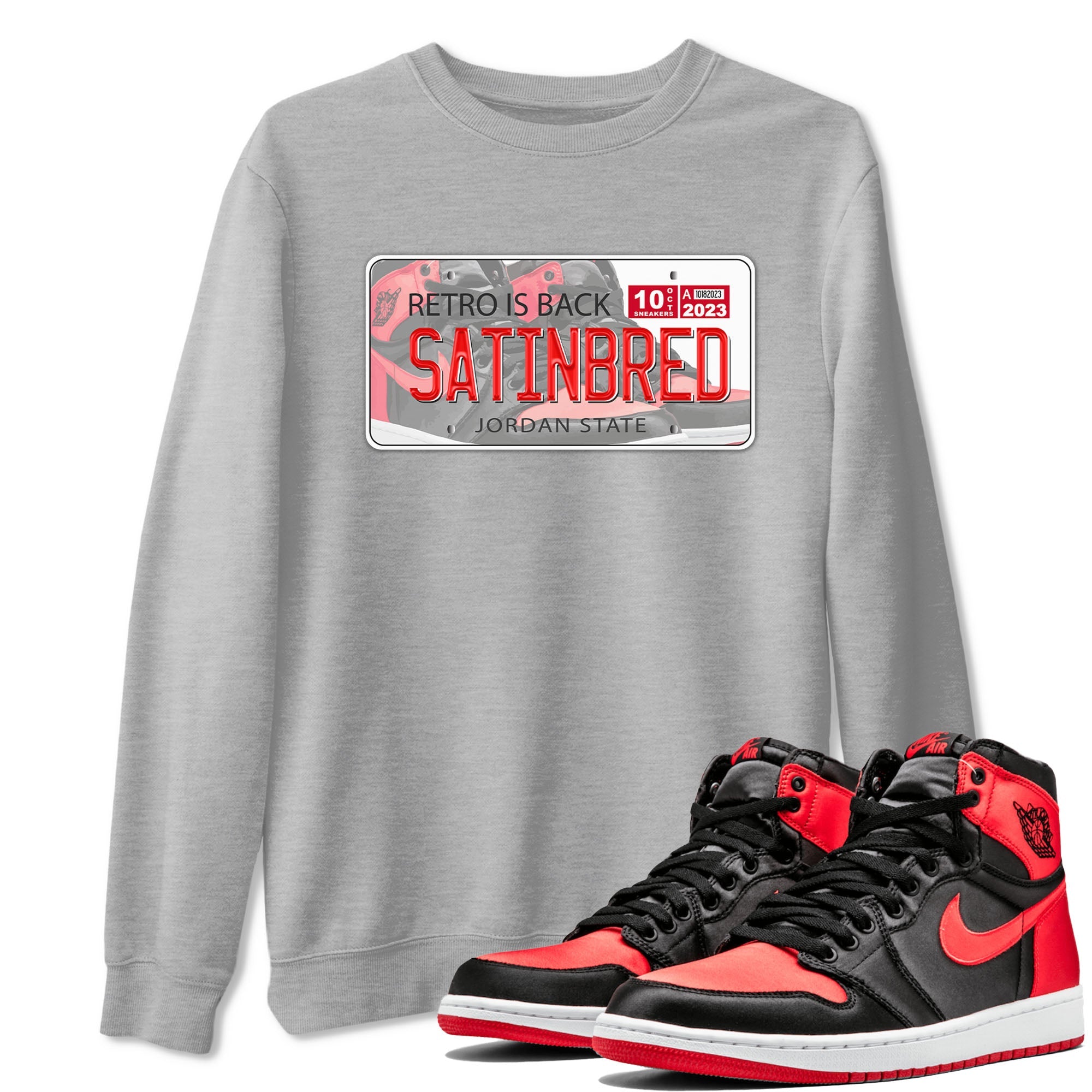 Air Jordan 1 Satin Bred shirt to match jordans Jordan Plate sneaker tees AJ1 Retro Satin Bred Drip Gear Zone Sneaker Matching Clothing Brand Unisex Sneaker Tee Heather Grey 1 T-Shirt