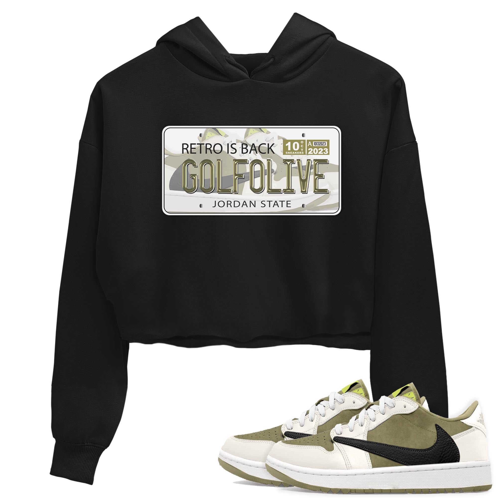 Jordan 1 Low X Travis Scott Golf Olive shirt to match jordans Jordan Plate sneaker release tees Air Jordan 1 Travis Scott Golf Olive Drip Gear Zone Black 1 Crop T-Shirt