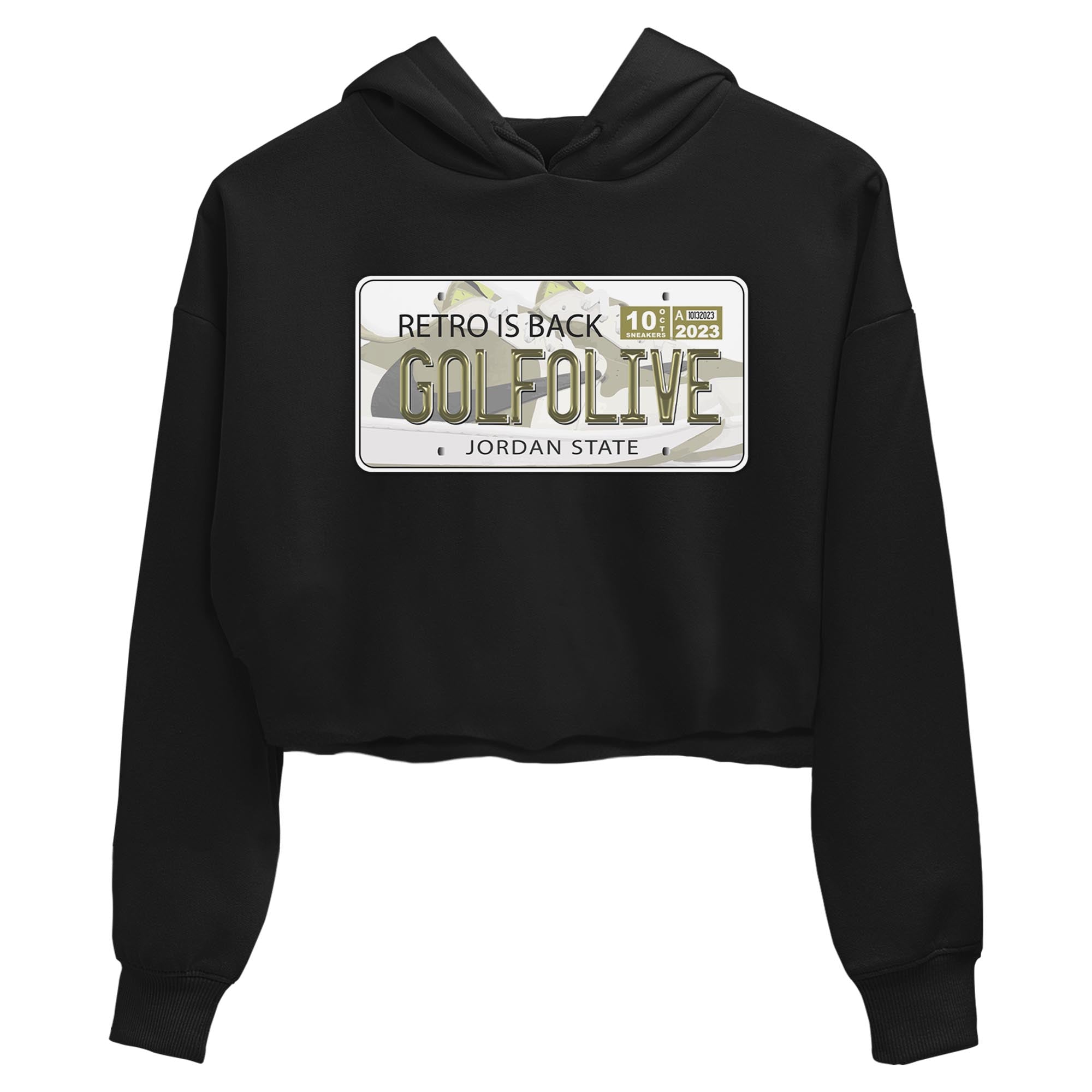 Jordan 1 Low X Travis Scott Golf Olive shirt to match jordans Jordan Plate sneaker release tees Air Jordan 1 Travis Scott Golf Olive Drip Gear Zone Black 2 Crop T-Shirt