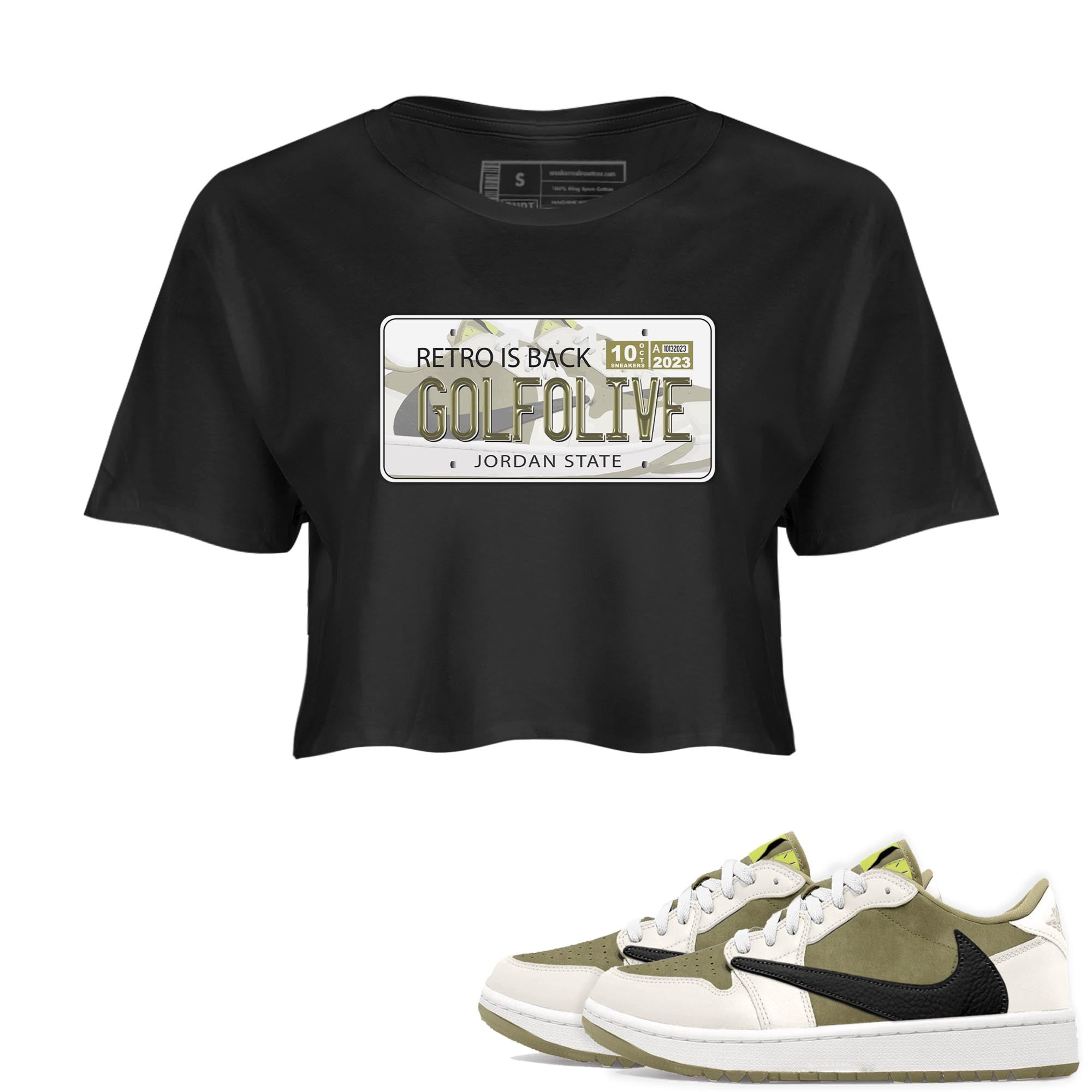 Jordan 1 Low X Travis Scott Golf Olive shirt to match jordans Jordan Plate sneaker release tees Air Jordan 1 Travis Scott Golf Olive Drip Gear Zone Black 1 Crop T-Shirt