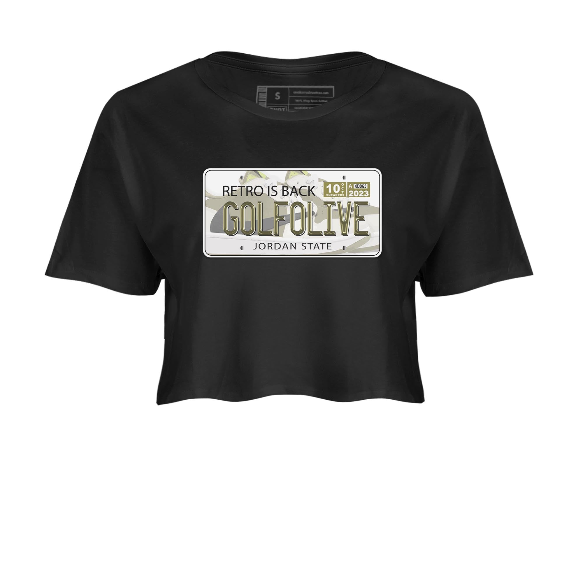Jordan 1 Low X Travis Scott Golf Olive shirt to match jordans Jordan Plate sneaker release tees Air Jordan 1 Travis Scott Golf Olive Drip Gear Zone Black 2 Crop T-Shirt