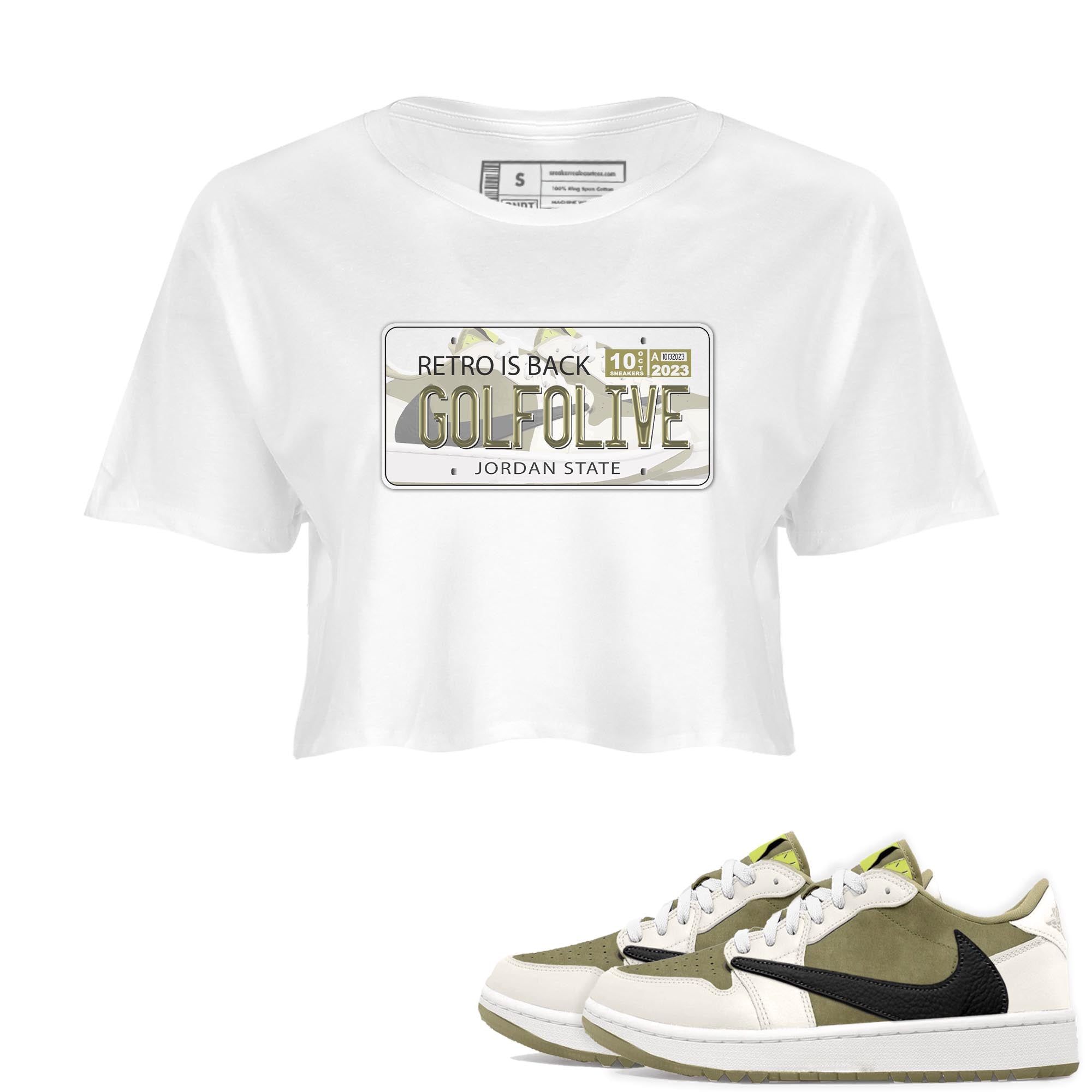 Jordan 1 Low X Travis Scott Golf Olive shirt to match jordans Jordan Plate sneaker release tees Air Jordan 1 Travis Scott Golf Olive Drip Gear Zone White 1 Crop T-Shirt