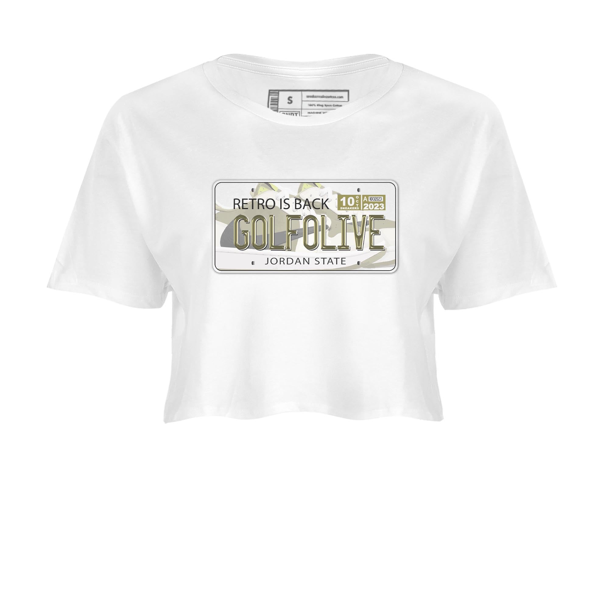 Jordan 1 Low X Travis Scott Golf Olive shirt to match jordans Jordan Plate sneaker release tees Air Jordan 1 Travis Scott Golf Olive Drip Gear Zone White 2 Crop T-Shirt