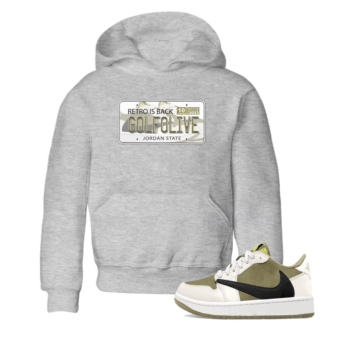Jordan 1 Low X Travis Scott Golf Olive shirt to match jordans Jordan Plate sneaker release tees Air Jordan 1 Travis Scott Golf Olive Drip Gear Zone Baby Toddler Heather Grey 1 T-Shirt