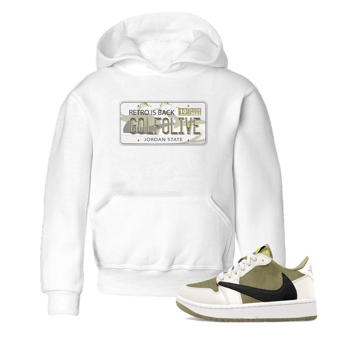 Jordan 1 Low X Travis Scott Golf Olive shirt to match jordans Jordan Plate sneaker release tees Air Jordan 1 Travis Scott Golf Olive Drip Gear Zone Baby Toddler White 1 T-Shirt