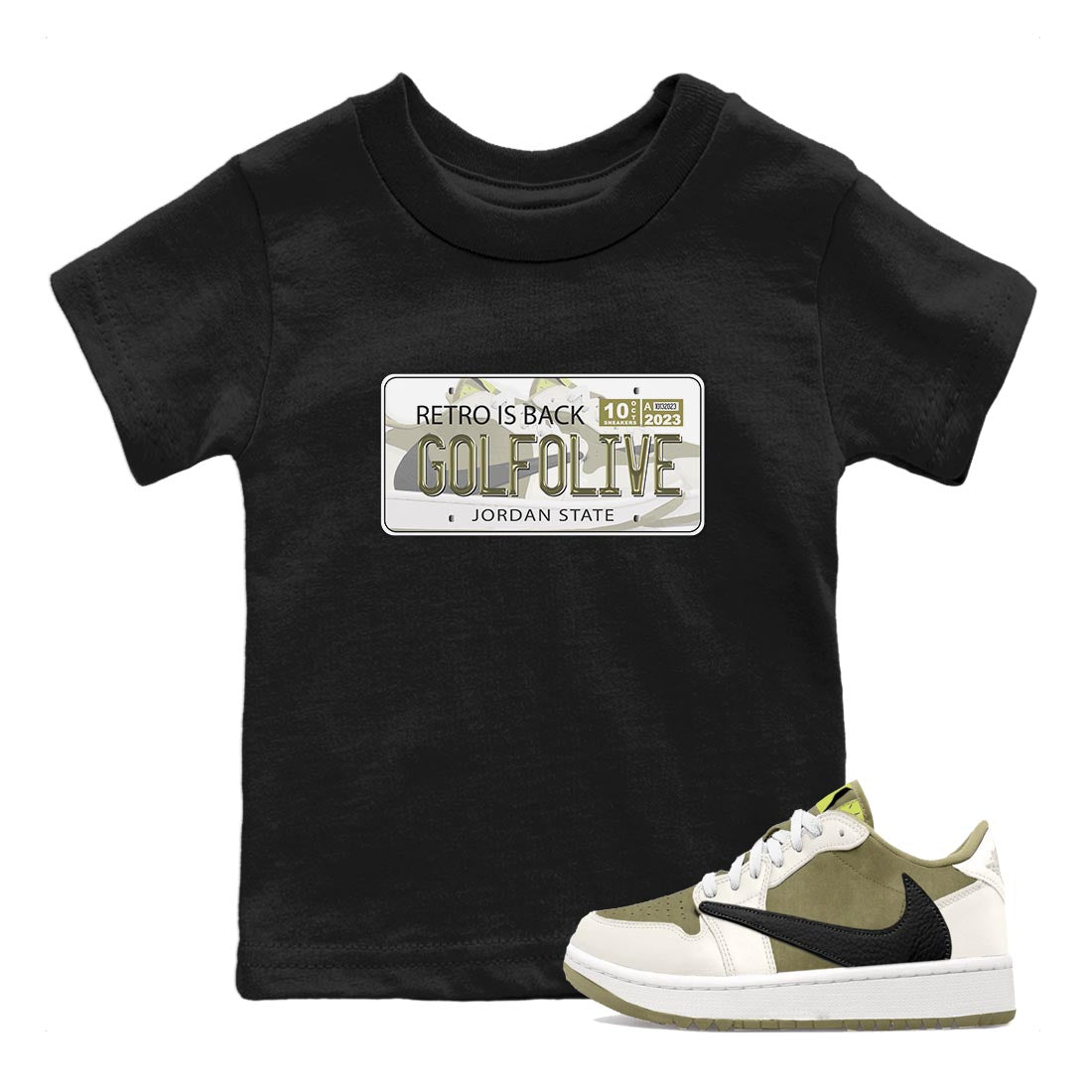 Jordan 1 Low X Travis Scott Golf Olive shirt to match jordans Jordan Plate sneaker release tees Air Jordan 1 Travis Scott Golf Olive Drip Gear Zone Baby Toddler Black 1 T-Shirt