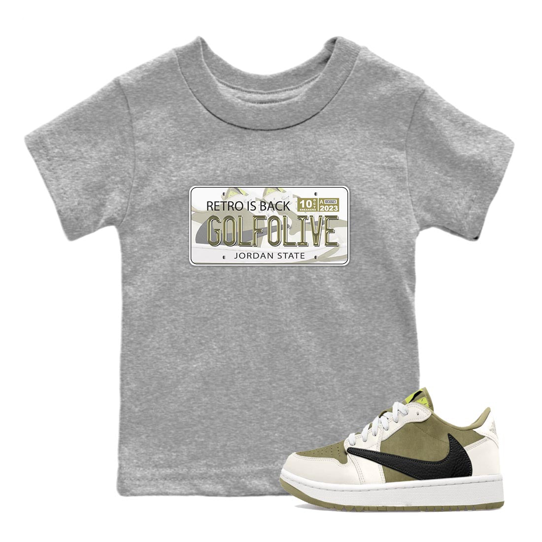 Jordan 1 Low X Travis Scott Golf Olive shirt to match jordans Jordan Plate sneaker release tees Air Jordan 1 Travis Scott Golf Olive Drip Gear Zone Baby Toddler Heather Grey 1 T-Shirt