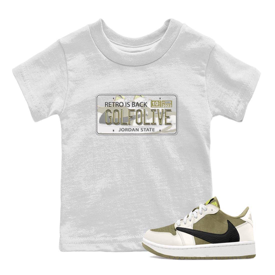 Jordan 1 Low X Travis Scott Golf Olive shirt to match jordans Jordan Plate sneaker release tees Air Jordan 1 Travis Scott Golf Olive Drip Gear Zone Baby Toddler White 1 T-Shirt