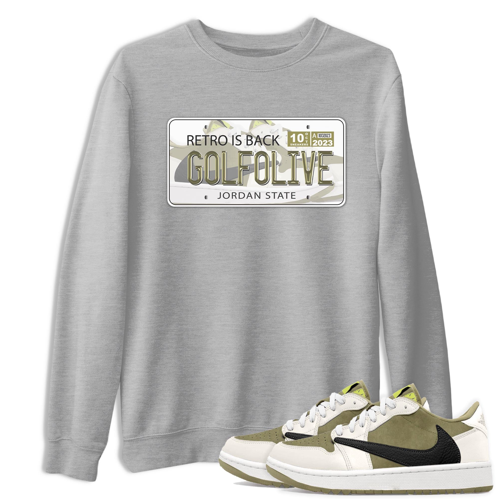 Jordan 1 Low X Travis Scott Golf Olive shirt to match jordans Jordan Plate sneaker release tees Air Jordan 1 Travis Scott Golf Olive Drip Gear Zone Unisex Streetwear Clothing Heather Grey 1 T-Shirt