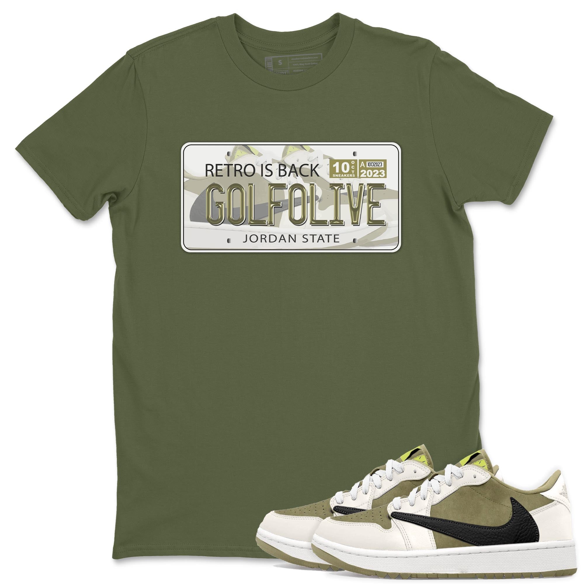 Jordan 1 Low X Travis Scott Golf Olive shirt to match jordans Jordan Plate sneaker release tees Air Jordan 1 Travis Scott Golf Olive Drip Gear Zone Unisex Streetwear Clothing Military Green 1 T-Shirt