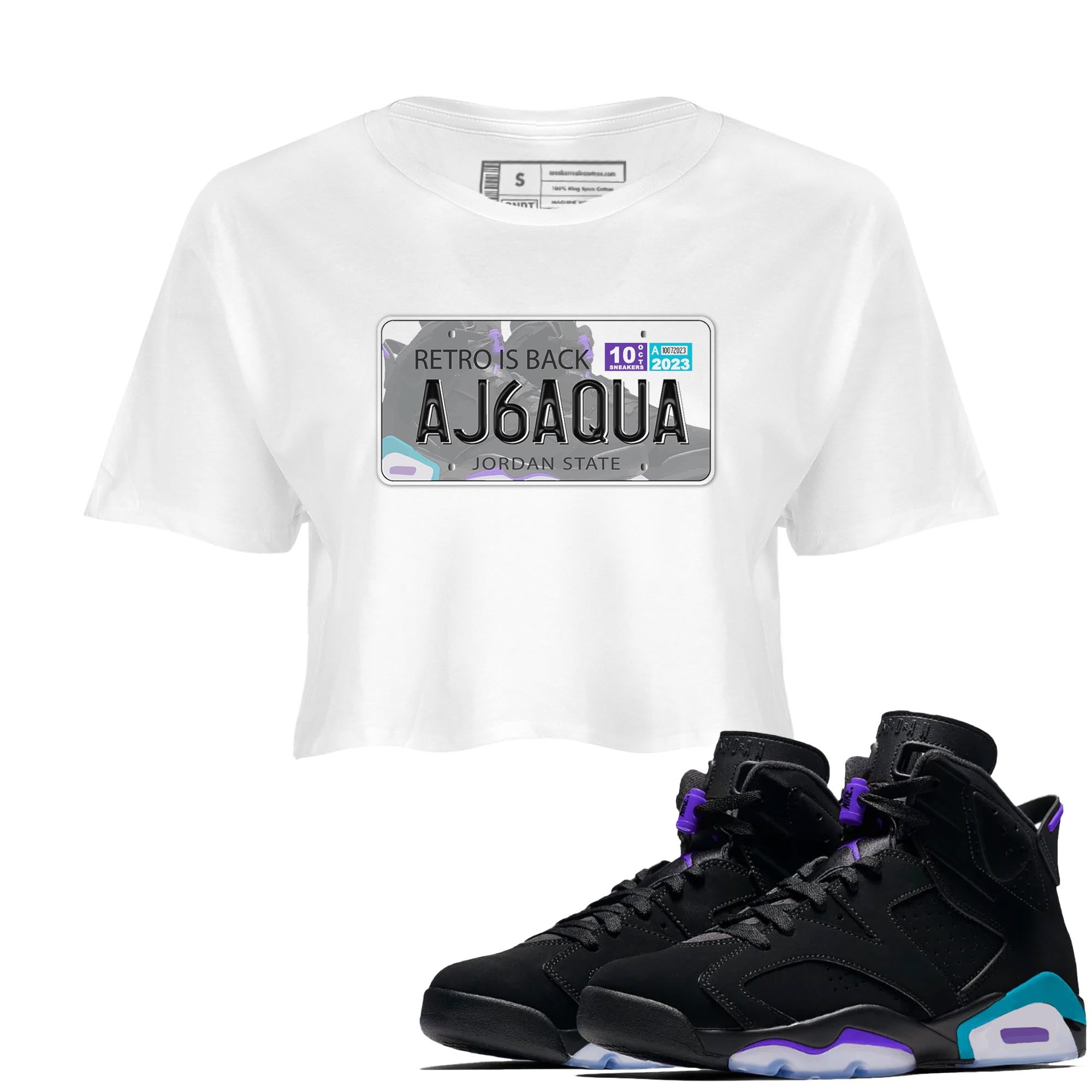 AJ6 Aqua shirt to match jordans Jordan Plate sneaker release tees Air Jordan 6 Aqua Drip Gear Zone White 1 Crop T-Shirt