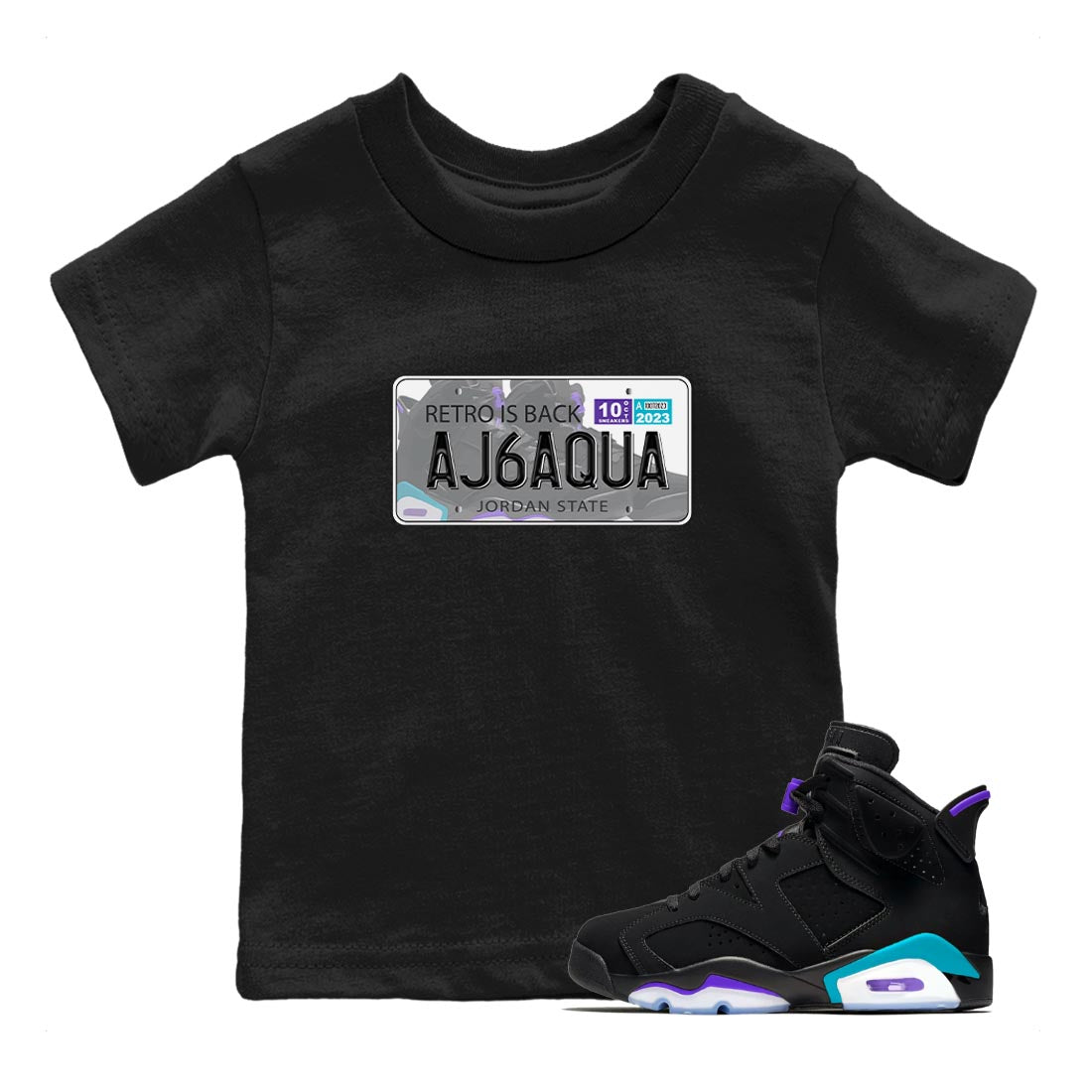 AJ6 Aqua shirt to match jordans Jordan Plate sneaker release tees Air Jordan 6 Aqua Drip Gear Zone Baby Toddler Black 1 T-Shirt