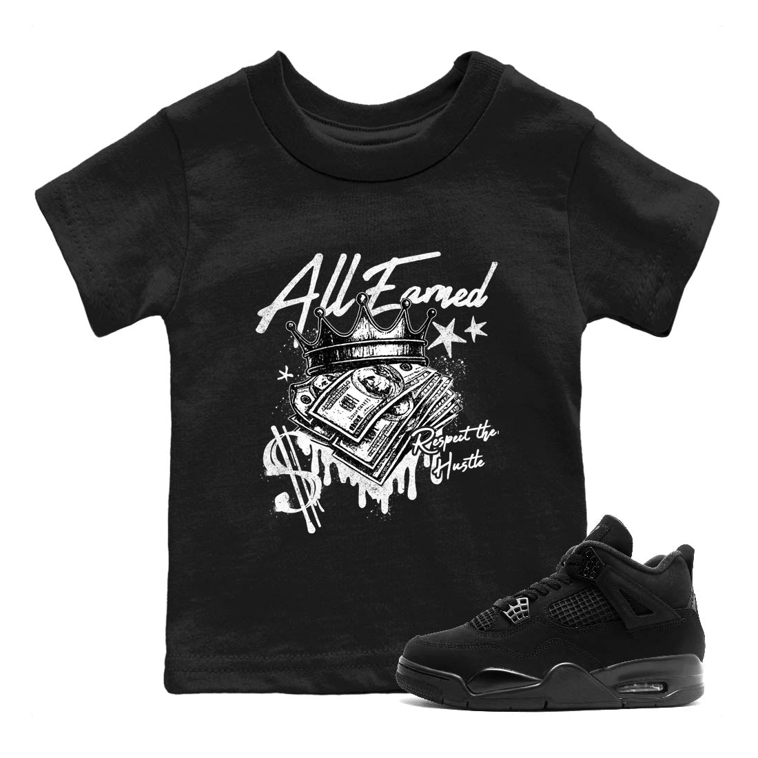 Sneaker Threads  Sneaker Tees To Match Air Jordan 4 Black Cat  All Earned Youth Graphic Tee Black 1. Perfect for Jordan releases 2025 colorways.