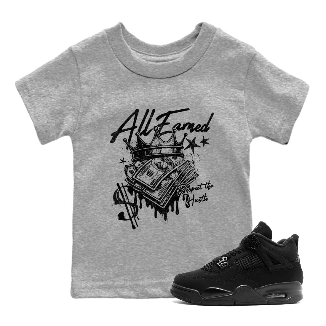 Sneaker Threads  Sneaker Tees To Match Air Jordan 4 Black Cat  All Earned Youth Graphic Tee Heather Grey 1. Perfect for Jordan releases 2025 colorways.