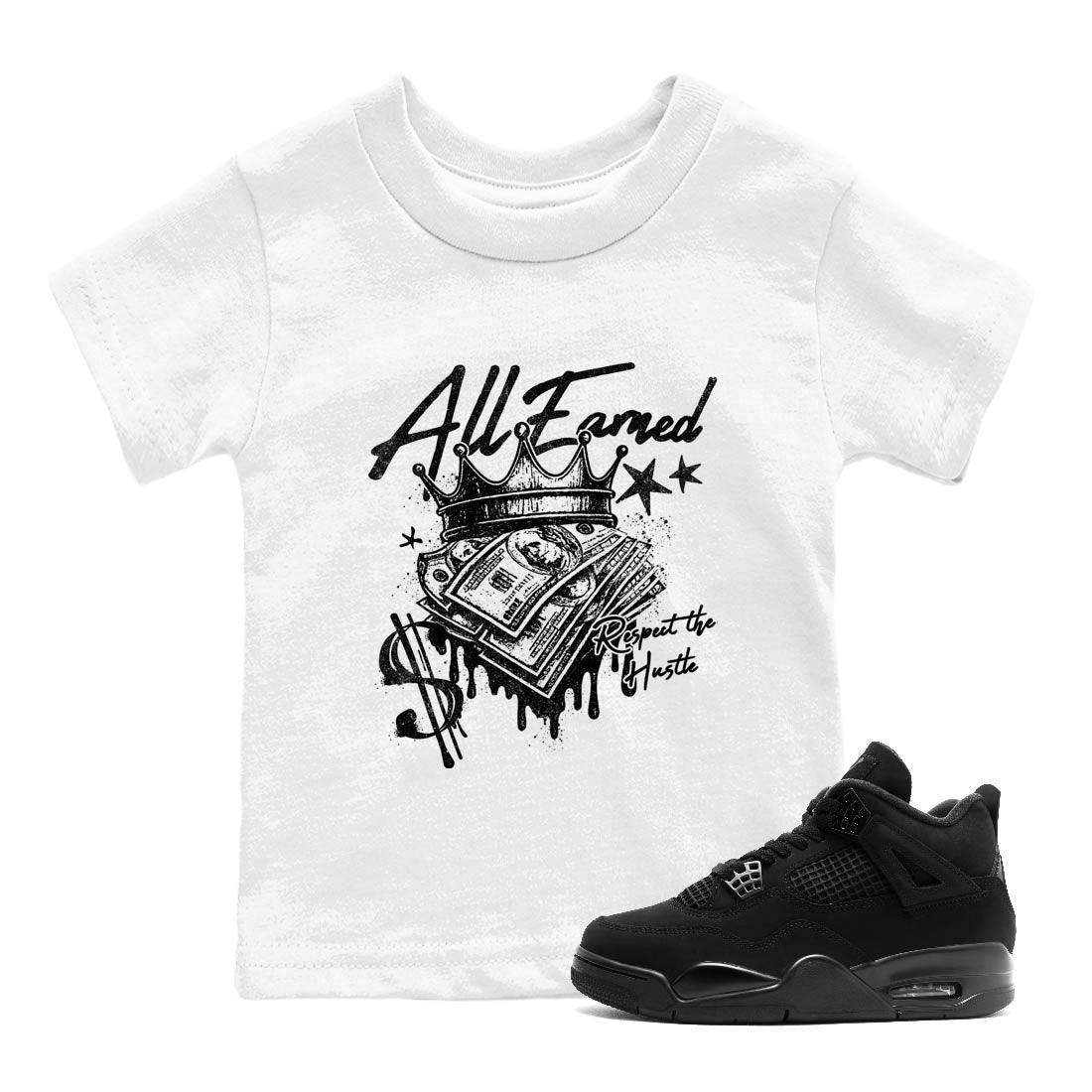Sneaker Threads  Sneaker Tees To Match Air Jordan 4 Black Cat  All Earned Youth Graphic Tee White 1. Perfect for Jordan releases 2025 colorways.