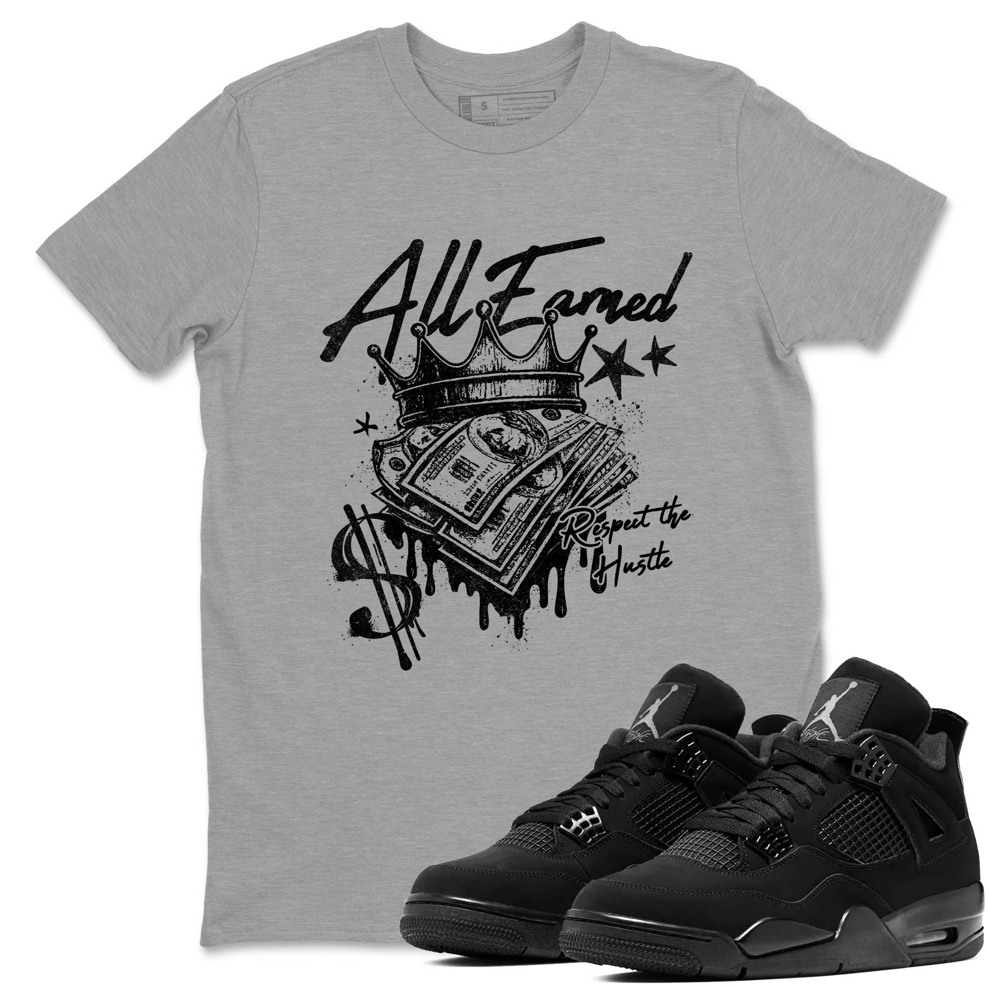 Sneaker Threads  Sneaker Tees To Match Air Jordan 4 Black Cat  All Earned Graphic Tee Heather Grey 1. Perfect for Jordan releases 2025 colorways.