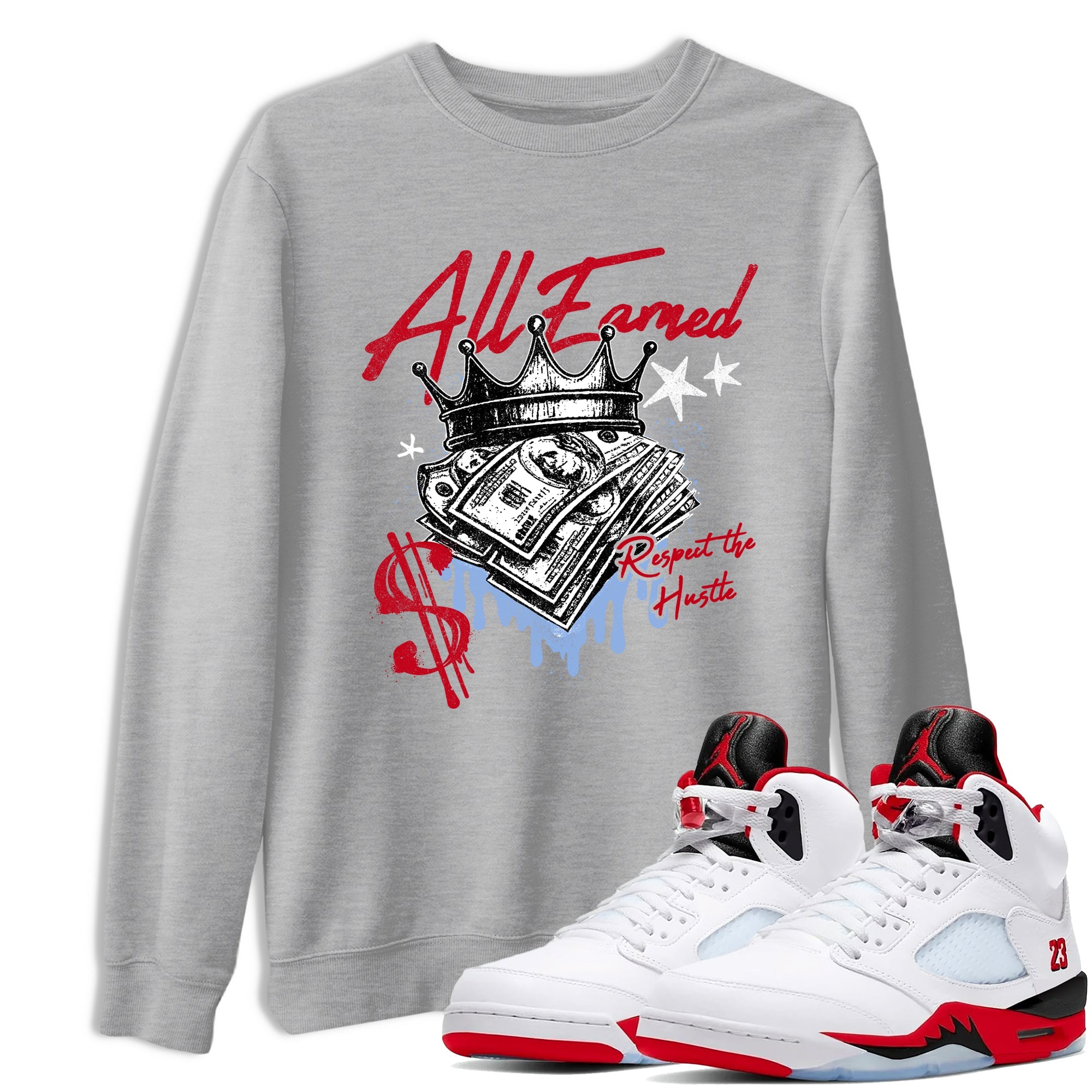 Sneaker match tees  Sneaker Tees To Match Air Jordan 5 Fire Red Shoes  All Earned Tee Heather Grey 1