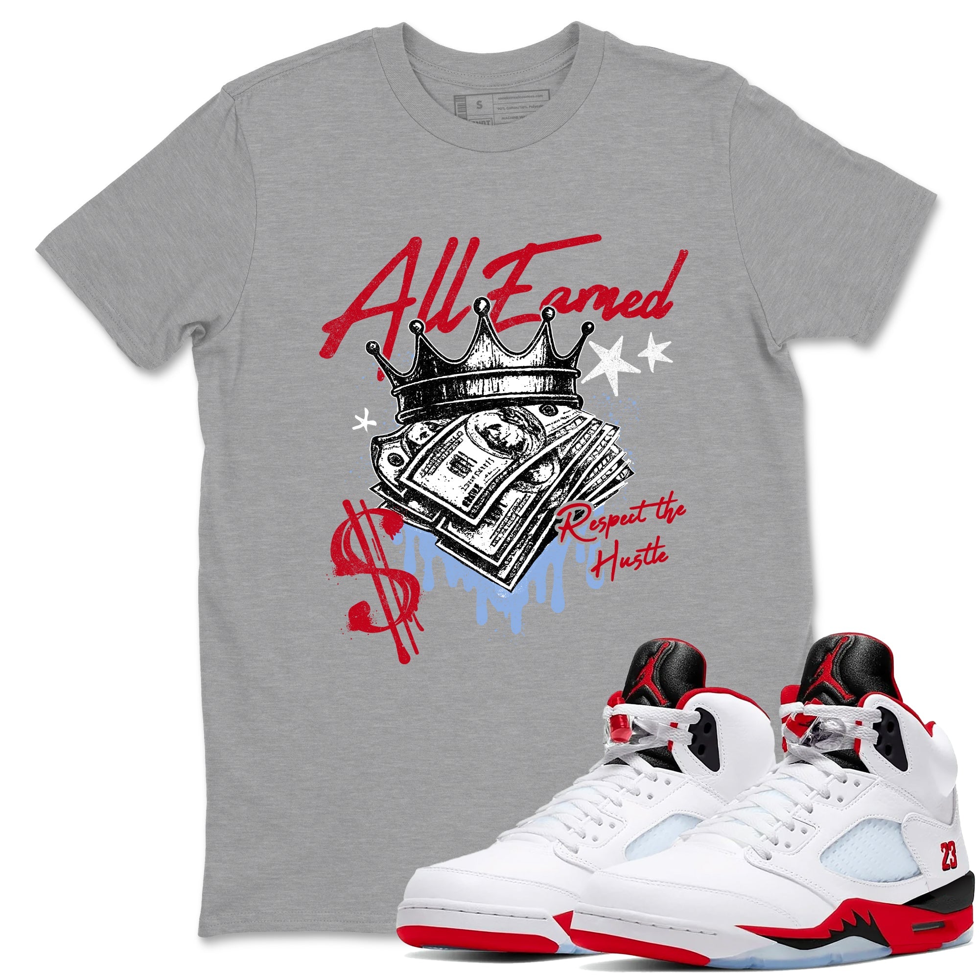 Sneaker match tees  Sneaker Tees To Match Air Jordan 5 Fire Red Shoes  All Earned Tee Heather Grey 1