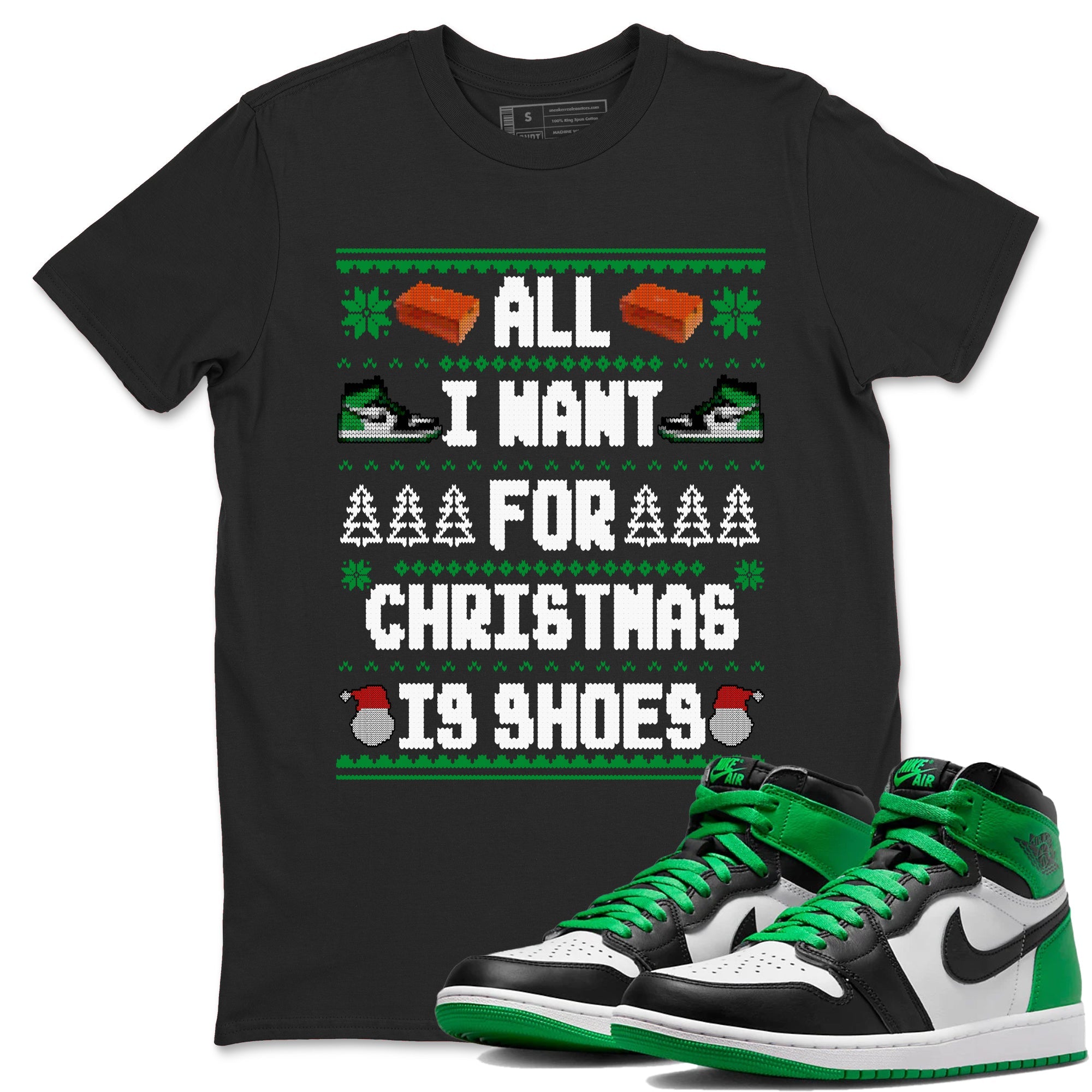 Air Jordan 1 Celtics t shirts to match sneakers Special Christmas Shirts All I Want For Christmas Is Shoes sneaker match tees Jordan 1 High OG Celtics sneaker match tee Drip Gear Zone unisex cotton Black 1 shirts