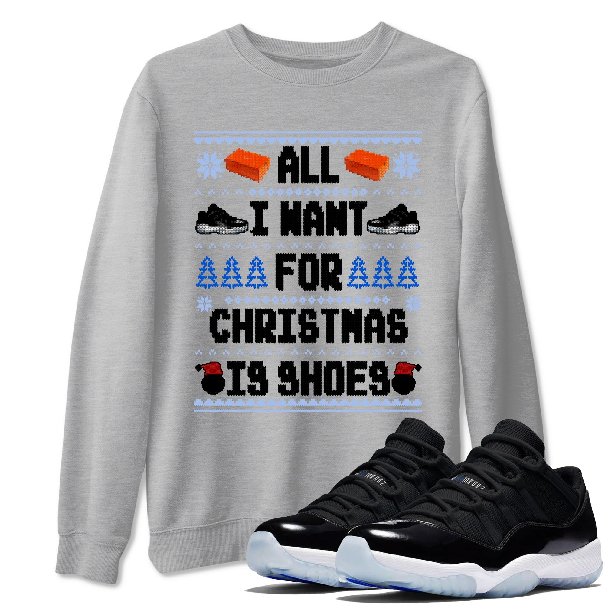 Jordan 11 Low Space Jam t shirts to match sneakers Special Christmas Shirts All I Want For Christmas Is Shoes sneaker match tees Air Jordan 11 Black and Varsity Royal sneaker match tee Drip Gear Zone unisex cotton Heather Grey 1 shirts