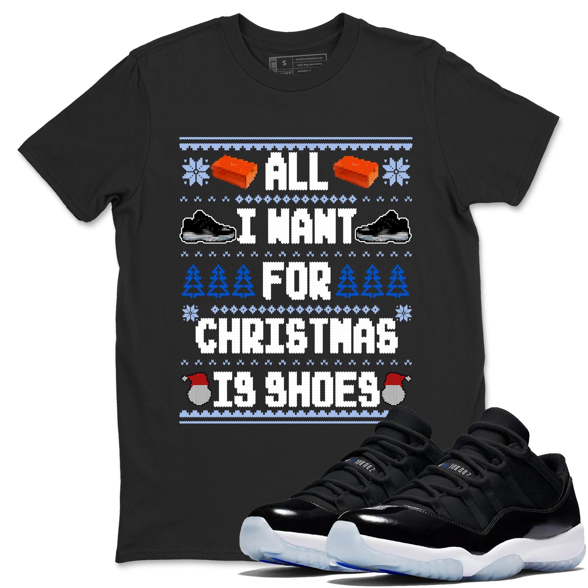 Jordan 11 Low Space Jam t shirts to match sneakers Special Christmas Shirts All I Want For Christmas Is Shoes sneaker match tees Air Jordan 11 Black and Varsity Royal sneaker match tee Drip Gear Zone unisex cotton Black 1 shirts