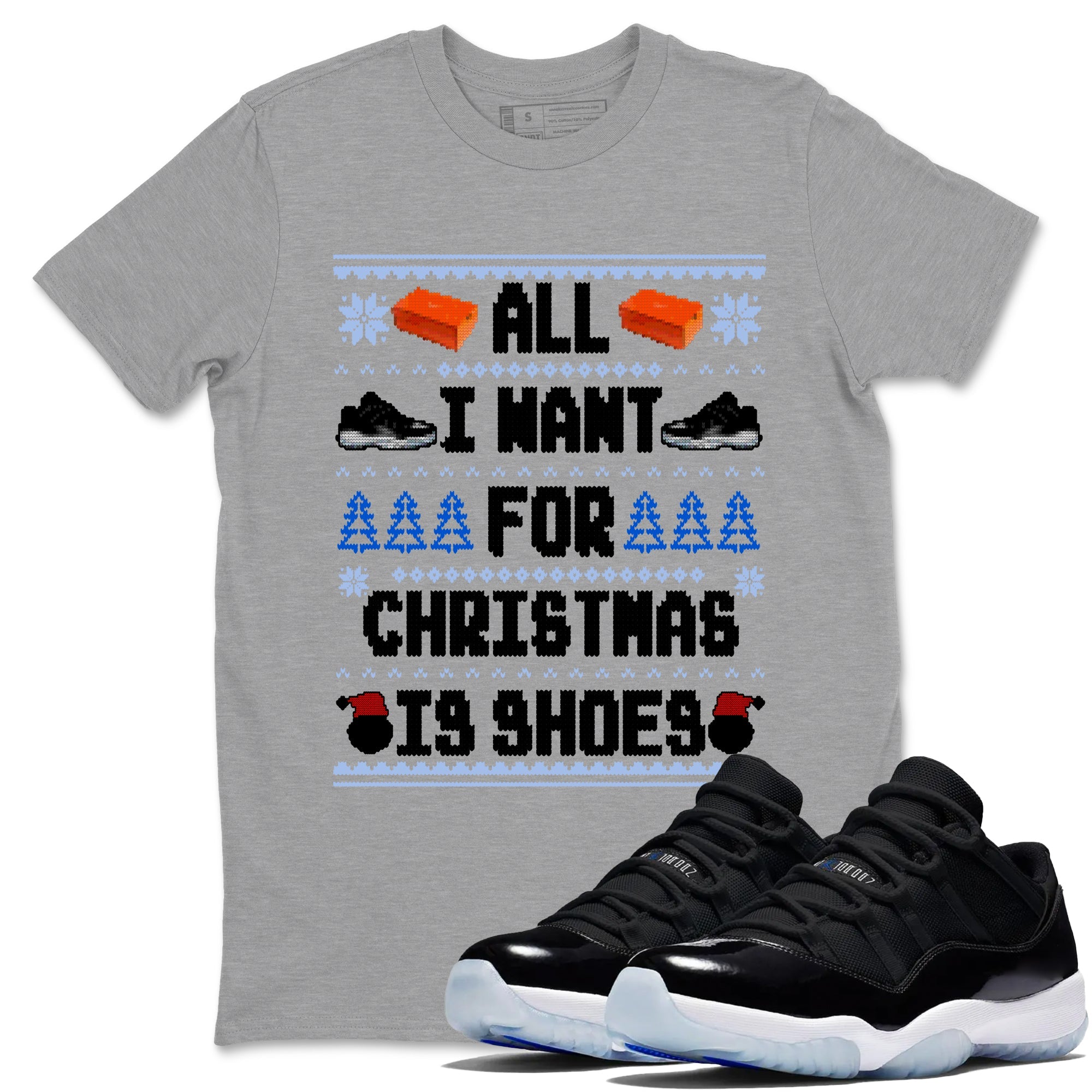 Jordan 11 Low Space Jam t shirts to match sneakers Special Christmas Shirts All I Want For Christmas Is Shoes sneaker match tees Air Jordan 11 Black and Varsity Royal sneaker match tee Drip Gear Zone unisex cotton Heather Grey 1 shirts
