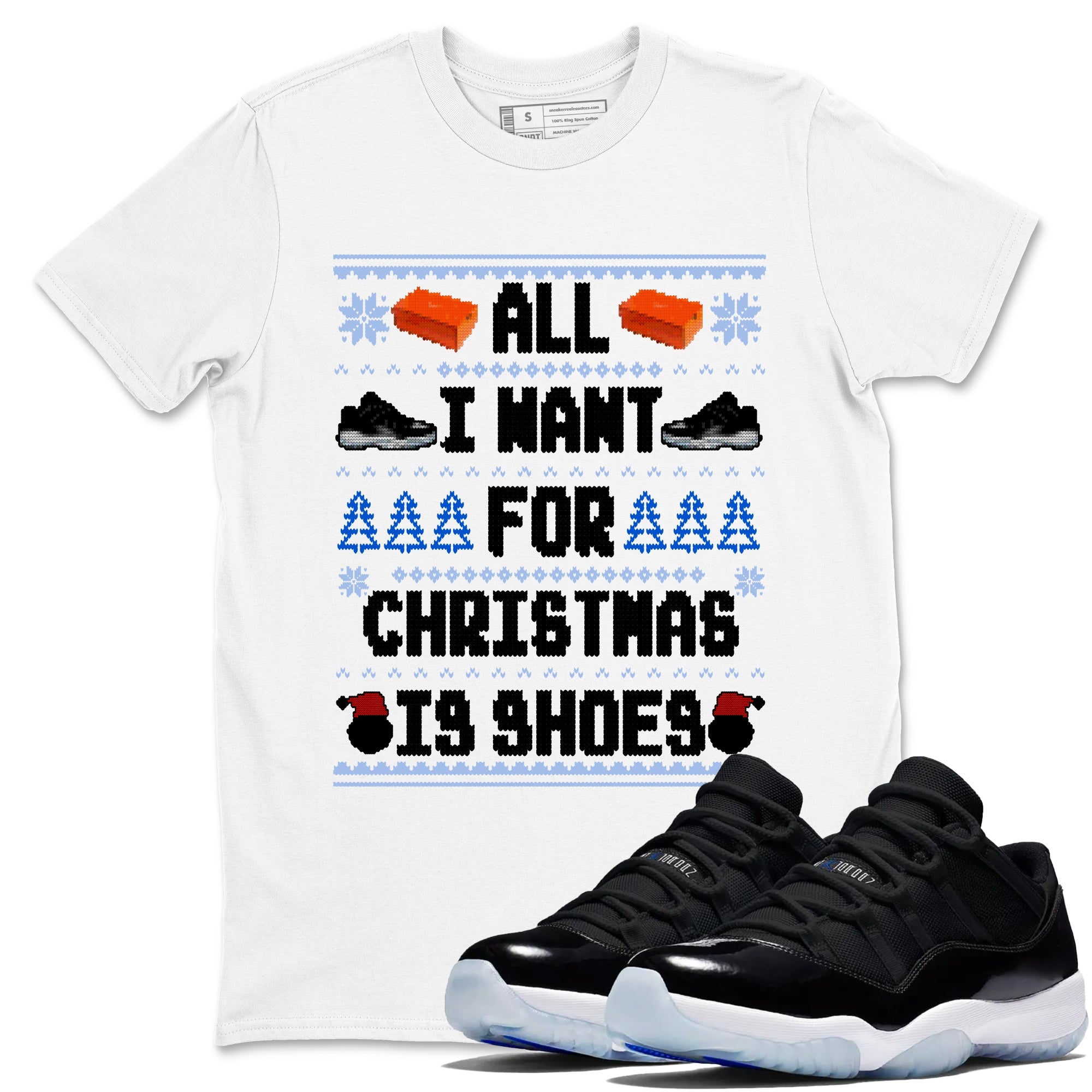 Jordan 11 Low Space Jam t shirts to match sneakers Special Christmas Shirts All I Want For Christmas Is Shoes sneaker match tees Air Jordan 11 Black and Varsity Royal sneaker match tee Drip Gear Zone unisex cotton White 1 shirts