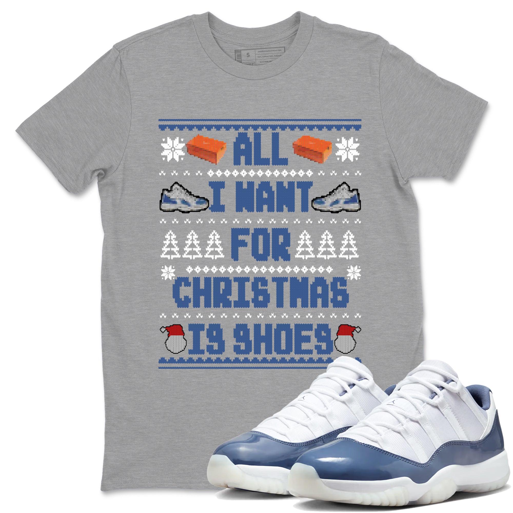 11s Diffused Blue t shirts to match sneakers Special Christmas Shirts All I Want For Christmas Is Shoes sneaker match tees Air Jordan 11 Diffused Blue sneaker match tee Drip Gear Zone unisex cotton Heather Grey 1 shirts