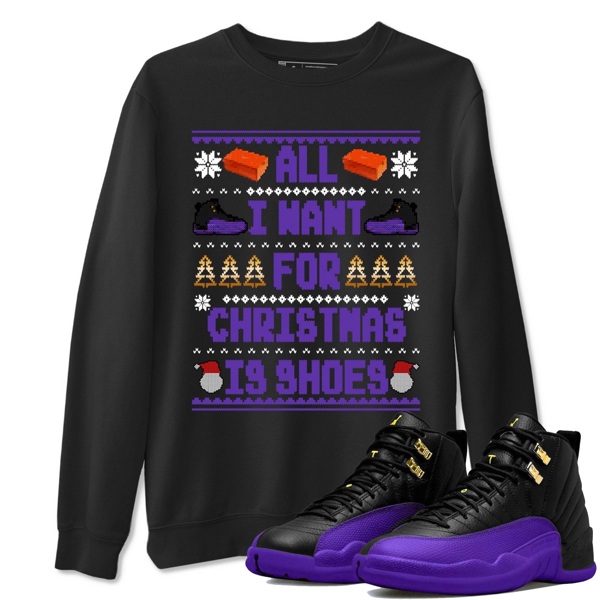 12s Retro Field Purple t shirts to match sneakers Special Christmas Shirts All I Want For Christmas Is Shoes sneaker match tees Air Jordan 12 Field Purple sneaker match tee Drip Gear Zone unisex cotton Black 1 shirts