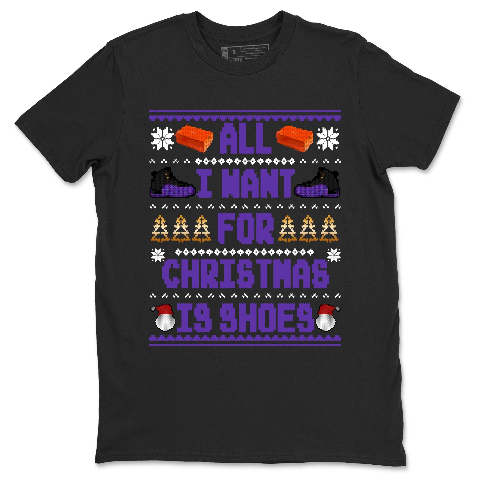 12s Retro Field Purple t shirts to match sneakers Special Christmas Shirts All I Want For Christmas Is Shoes sneaker match tees Air Jordan 12 Field Purple sneaker match tee Drip Gear Zone unisex cotton Black 2 shirts