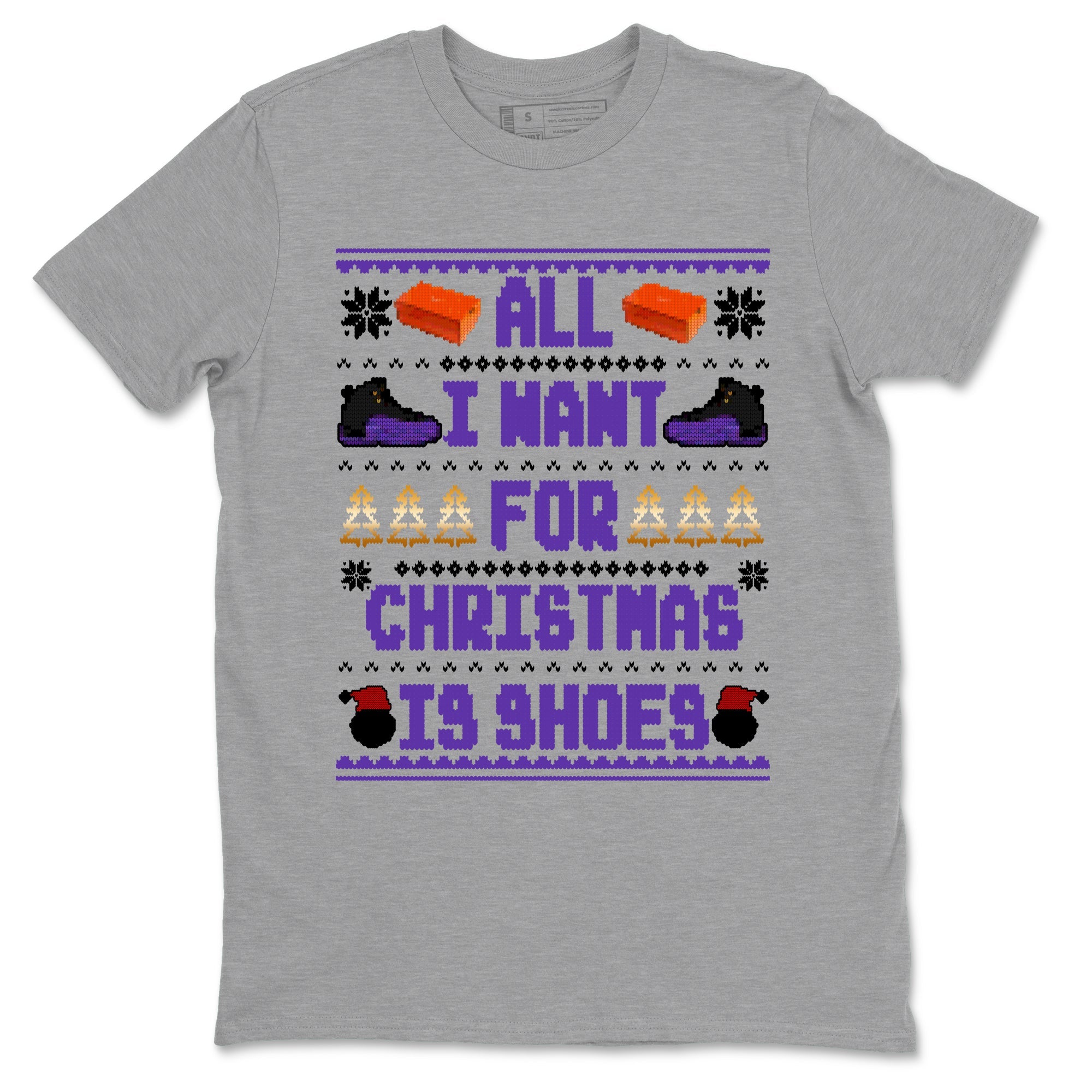 12s Retro Field Purple t shirts to match sneakers Special Christmas Shirts All I Want For Christmas Is Shoes sneaker match tees Air Jordan 12 Field Purple sneaker match tee Drip Gear Zone unisex cotton Heather Grey 2 shirts
