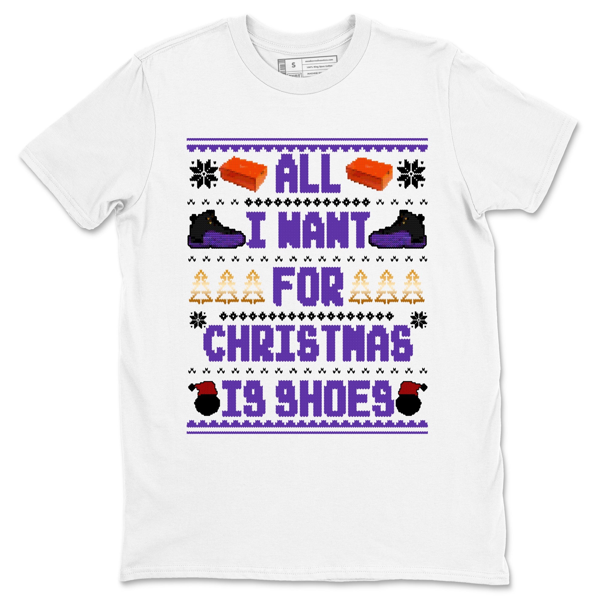 12s Retro Field Purple t shirts to match sneakers Special Christmas Shirts All I Want For Christmas Is Shoes sneaker match tees Air Jordan 12 Field Purple sneaker match tee Drip Gear Zone unisex cotton White 2 shirts