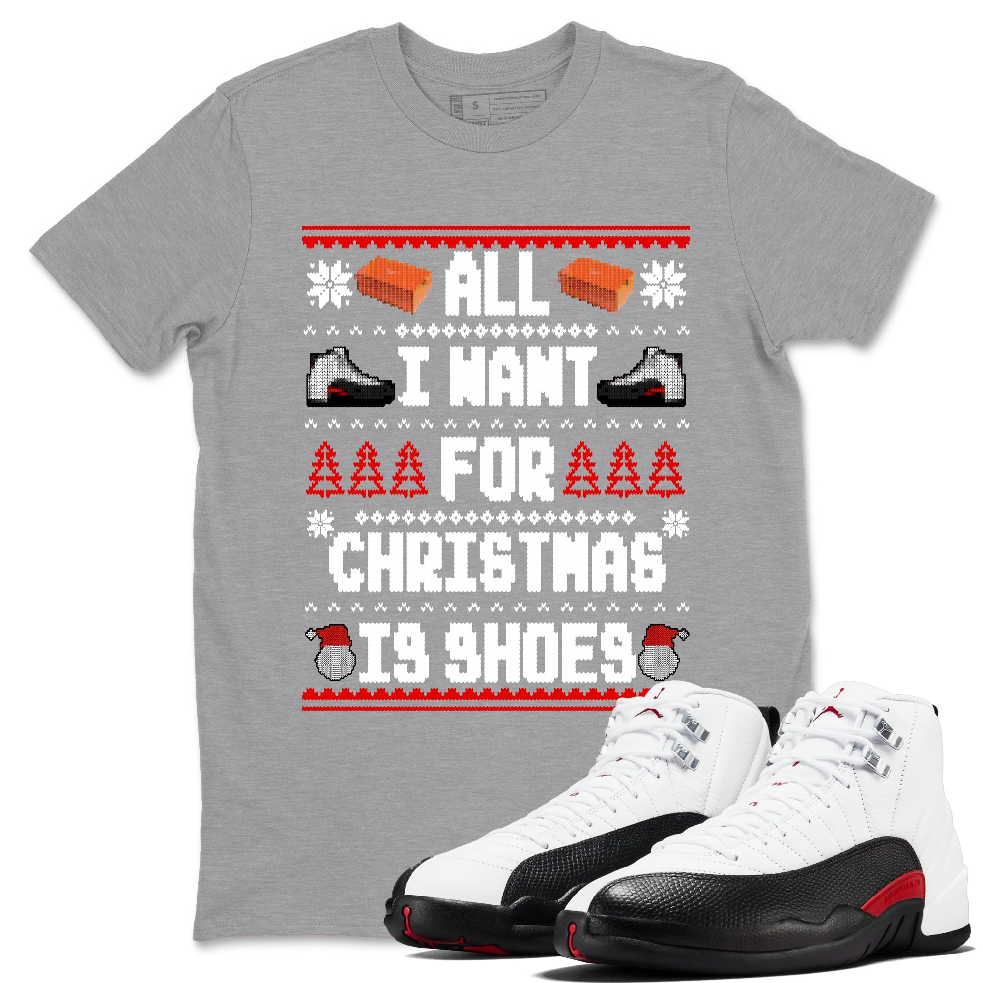 12s Taxi Flip t shirts to match sneakers Special Christmas Shirts All I Want For Christmas Is Shoes sneaker match tees Air Jordan 12 Taxi Flip sneaker match tee Drip Gear Zone unisex cotton Heather Grey 2 shirts
