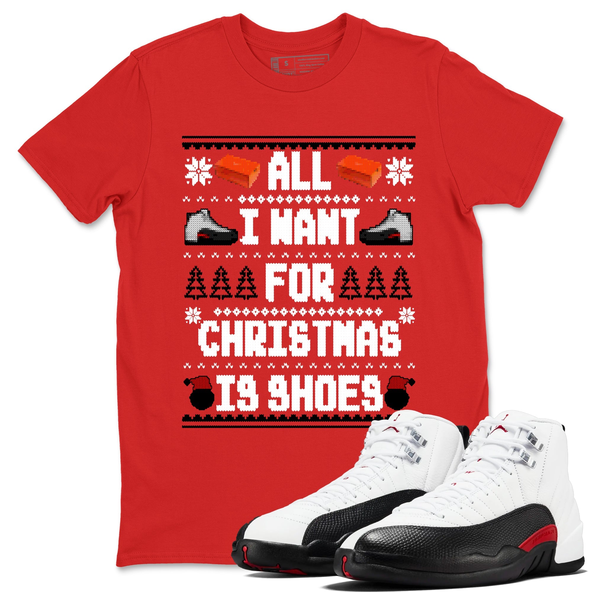 12s Taxi Flip t shirts to match sneakers Special Christmas Shirts All I Want For Christmas Is Shoes sneaker match tees Air Jordan 12 Taxi Flip sneaker match tee Drip Gear Zone unisex cotton Red 1 shirts