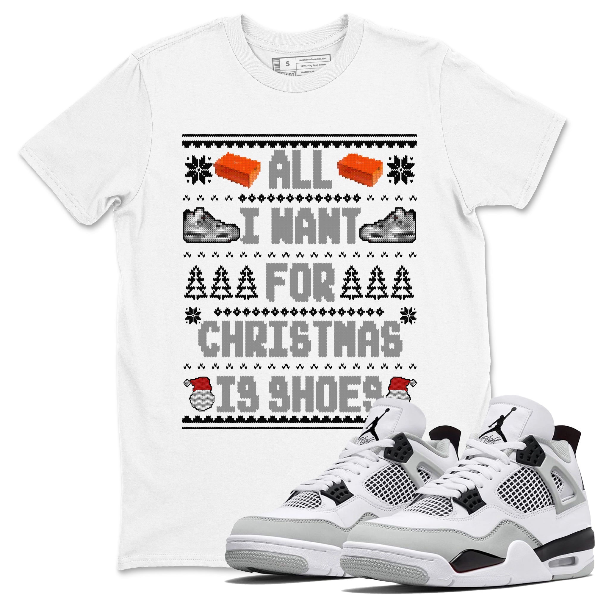 Air Jordan 4 Military Black t shirts to match sneakers Special Christmas Shirts All I Want For Christmas Is Shoes sneaker match tees 4s Military Black sneaker match tee Drip Gear Zone unisex cotton White 1 shirts
