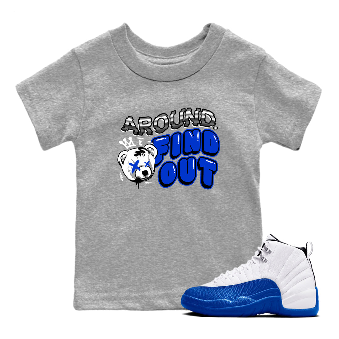 AJ12 Blueberry Blue shirts to match jordans Around And Find Out sneaker match tees Air Jordan 12 Blueberry Drip Gear Zone Youth Baby Heather Grey 1 crew neck shirts