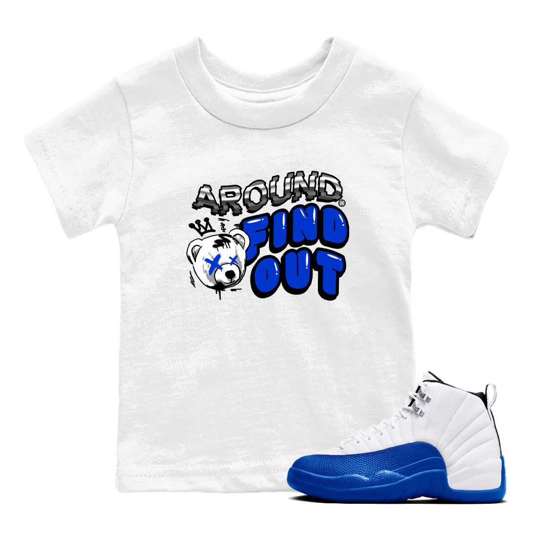 AJ12 Blueberry Blue shirts to match jordans Around And Find Out sneaker match tees Air Jordan 12 Blueberry Drip Gear Zone Youth Baby White 1 crew neck shirts