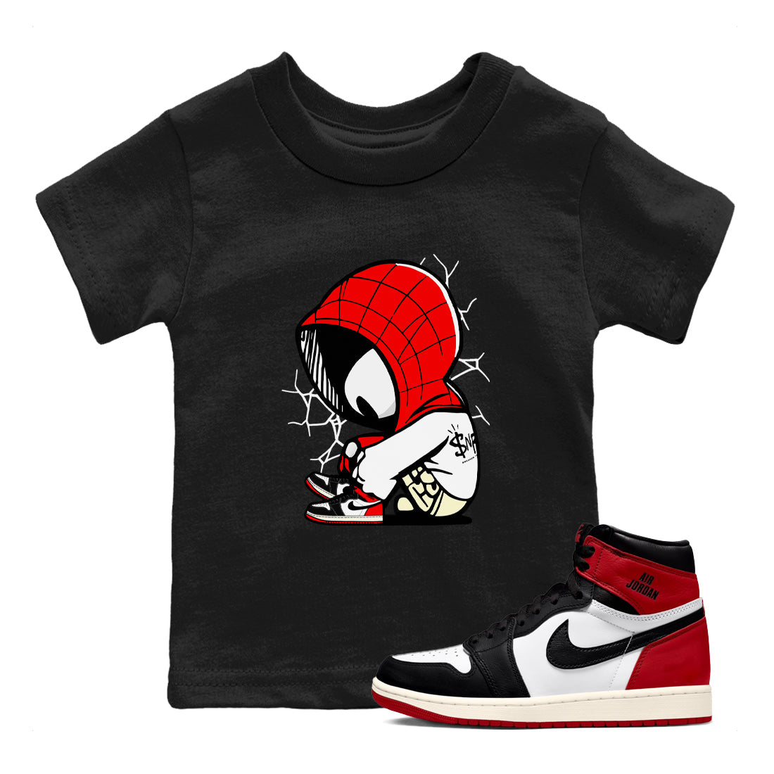 AJ 1 Black Toe Reimagined shirts to match jordans Baby Spider sneaker match tees AJ 1 Black Toe Reimagined Drip Gear Zone streetwear brand Baby and Youth Black 1 cotton tee