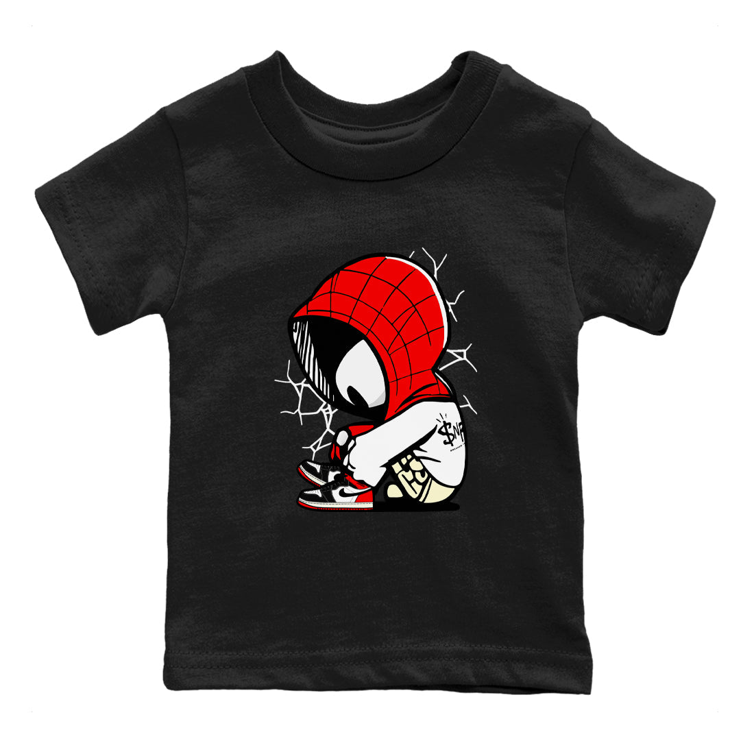 AJ 1 Black Toe Reimagined shirts to match jordans Baby Spider sneaker match tees AJ 1 Black Toe Reimagined Drip Gear Zone streetwear brand Baby and Youth Black 2 cotton tee