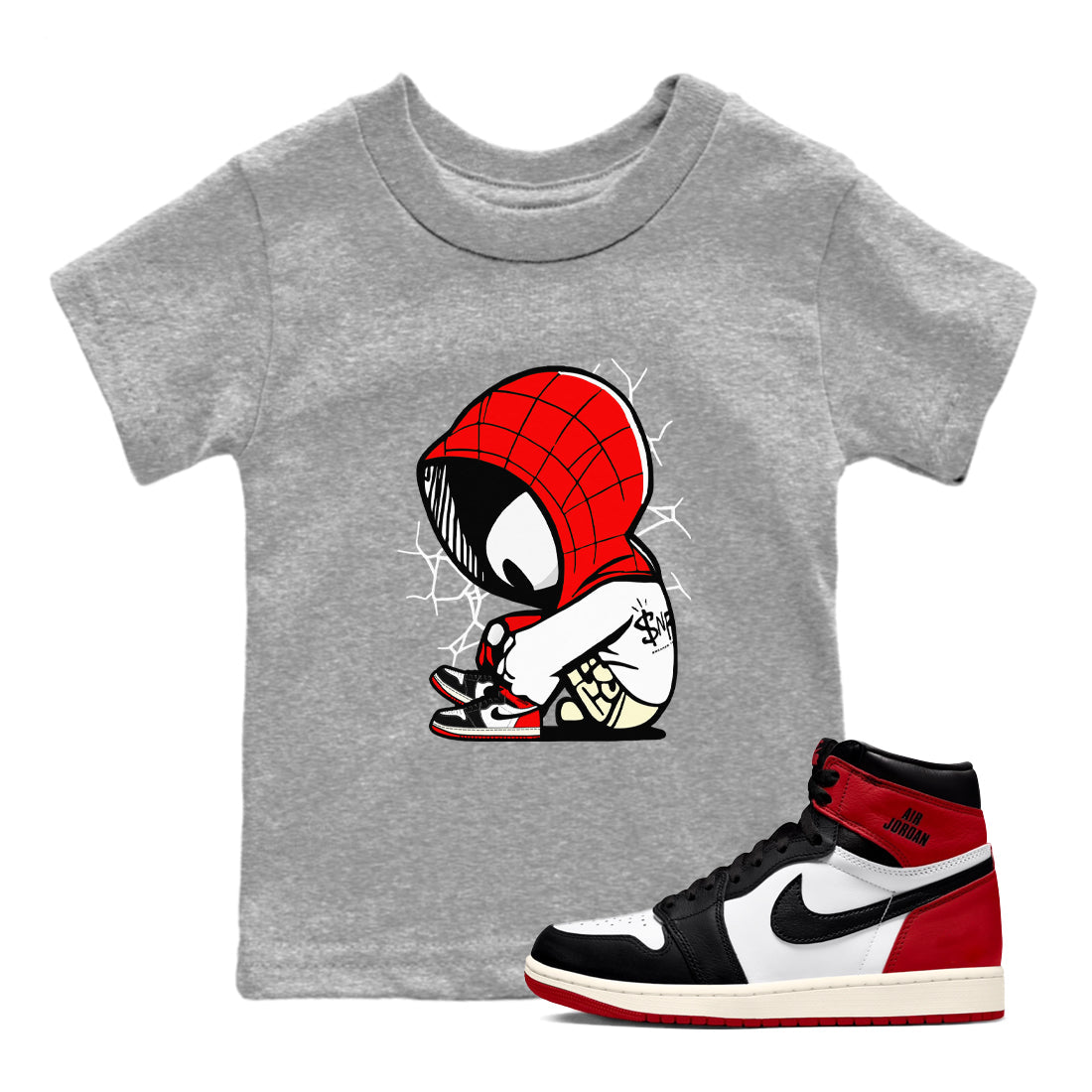 AJ 1 Black Toe Reimagined shirts to match jordans Baby Spider sneaker match tees AJ 1 Black Toe Reimagined Drip Gear Zone streetwear brand Baby and Youth Heather Grey 1 cotton tee