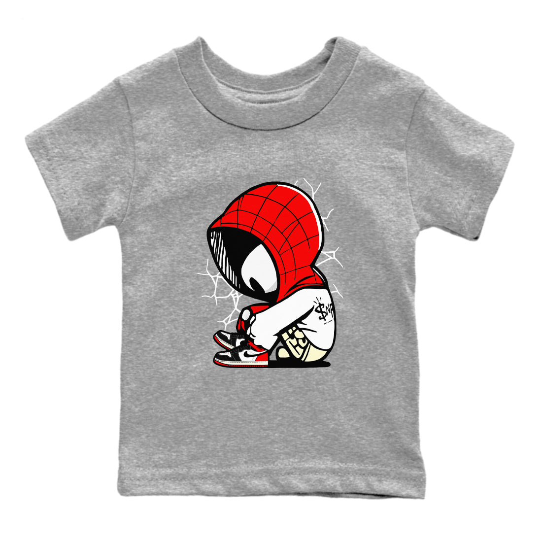 AJ 1 Black Toe Reimagined shirts to match jordans Baby Spider sneaker match tees AJ 1 Black Toe Reimagined Drip Gear Zone streetwear brand Baby and Youth Heather Grey 2 cotton tee