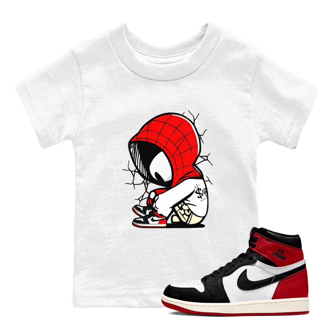 AJ 1 Black Toe Reimagined shirts to match jordans Baby Spider sneaker match tees AJ 1 Black Toe Reimagined Drip Gear Zone streetwear brand Baby and Youth White 1 cotton tee
