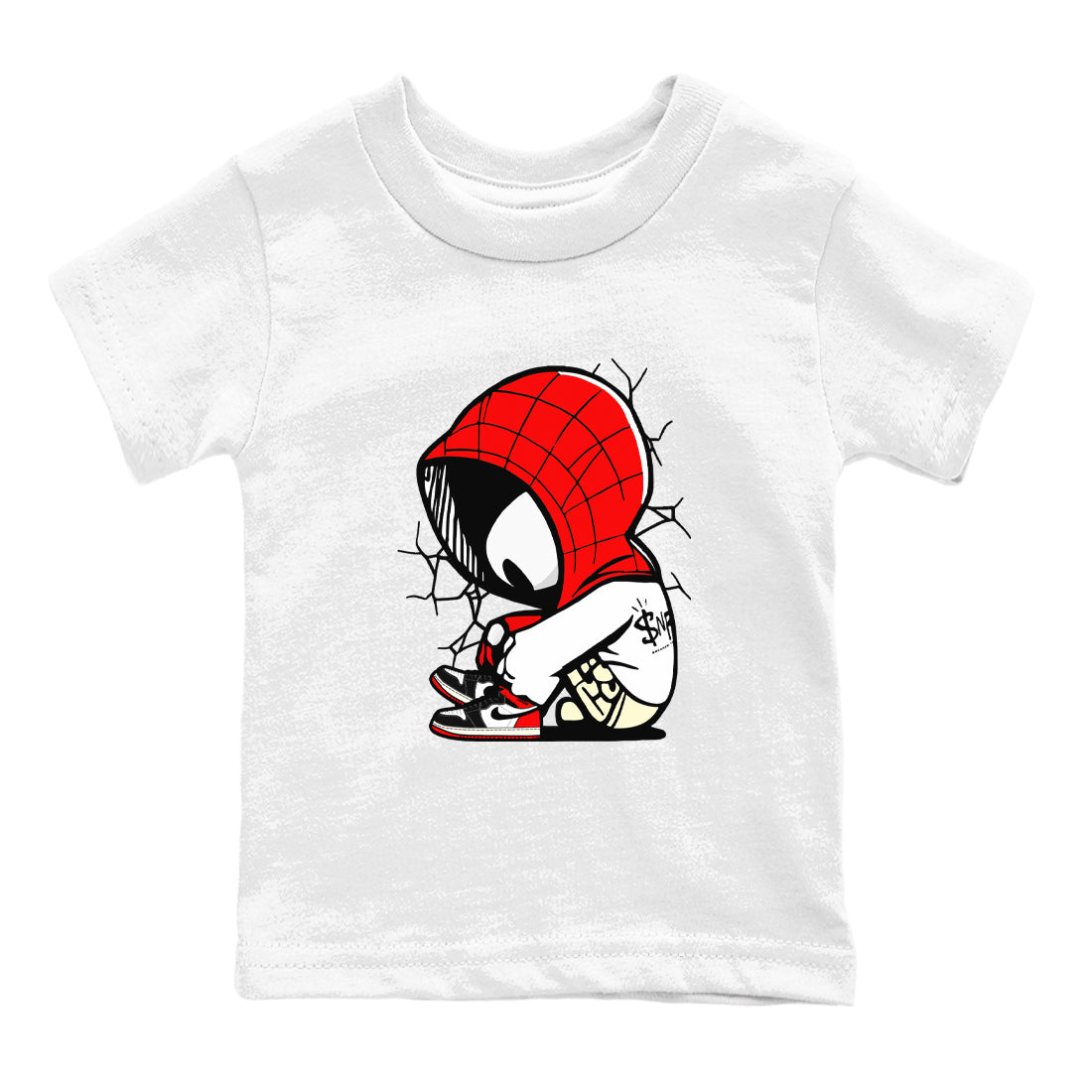 AJ 1 Black Toe Reimagined shirts to match jordans Baby Spider sneaker match tees AJ 1 Black Toe Reimagined Drip Gear Zone streetwear brand Baby and Youth White 2 cotton tee