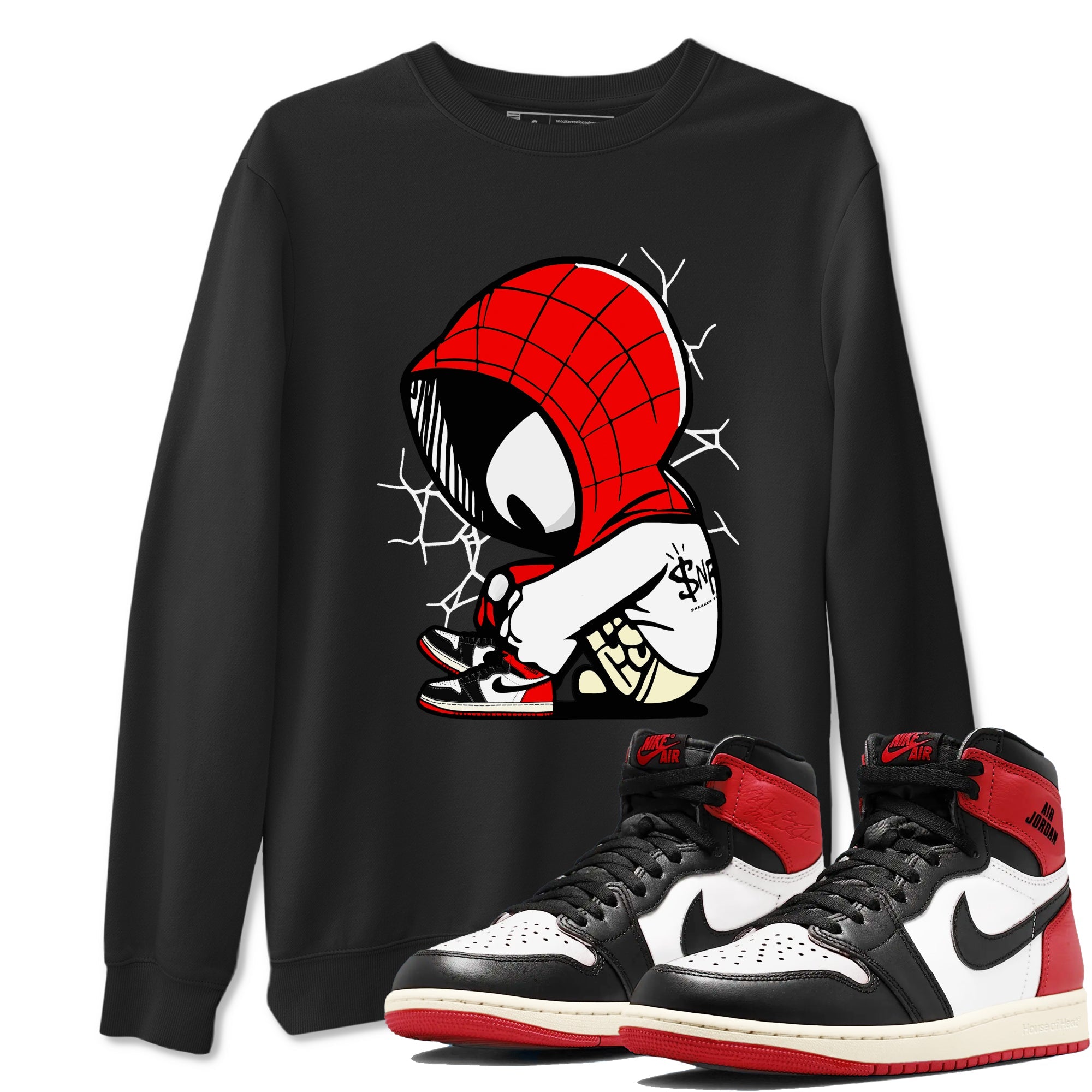 AJ 1 Black Toe Reimagined shirts to match jordans Baby Spider sneaker match tees AJ 1 Black Toe Reimagined Drip Gear Zone streetwear brand Black 1 unisex cotton tee